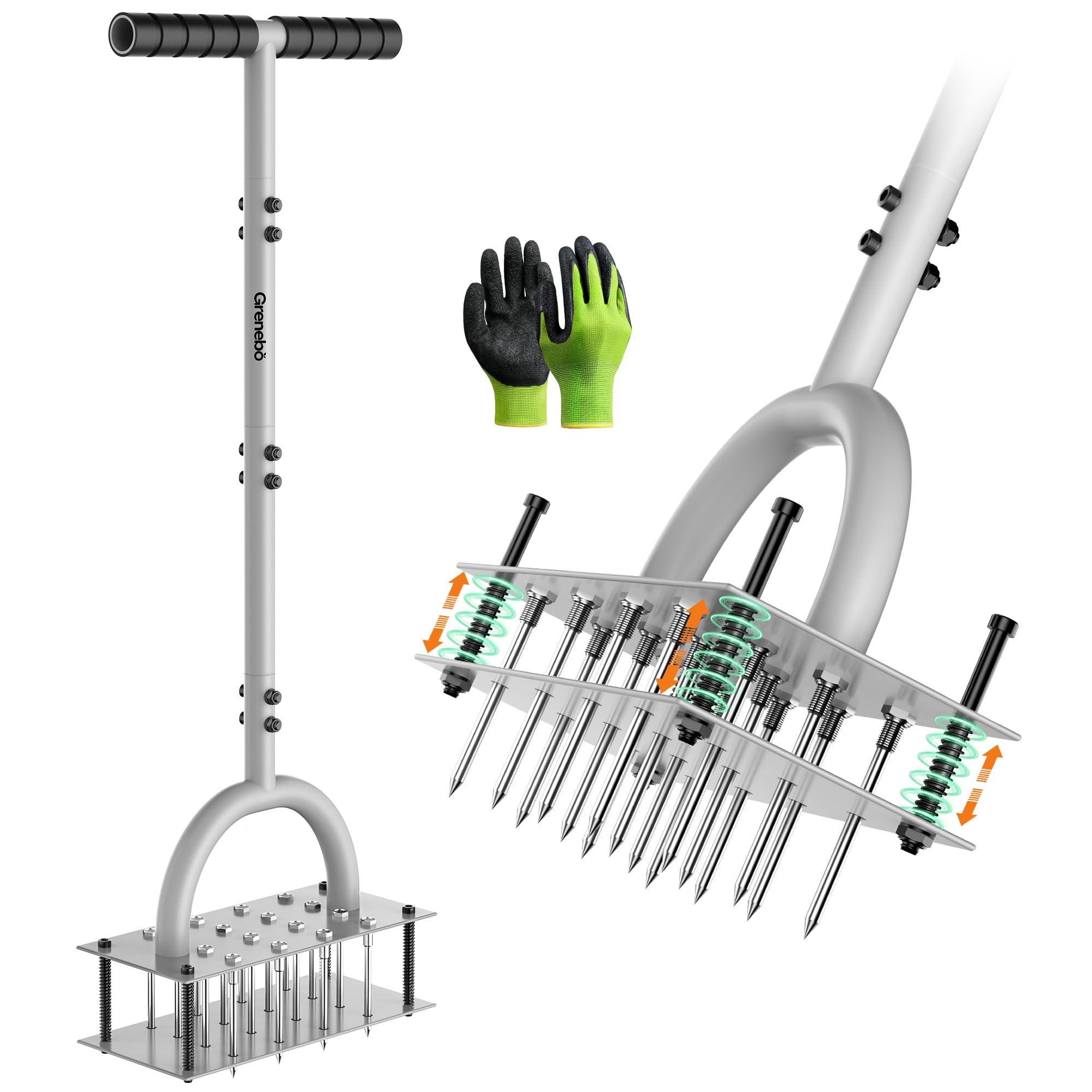 Grenebo Rasenbelüfter – Handbelüfter mit 16 Stacheln, Metall-Rasenbelüfter für den Garten, Rasenbelüftung, automatischer Bodenauswurf (schwarz-grau)