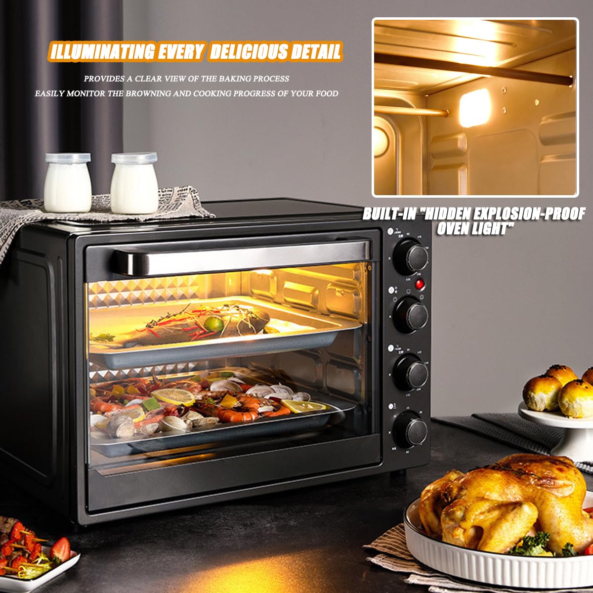 Four à pizza électrique d'intérieur 1500 W, double four commercial, température réglable de 90 à 230 °C, chauffage rapide en acier inoxydable, four multifonction pour la maison et le restaurant