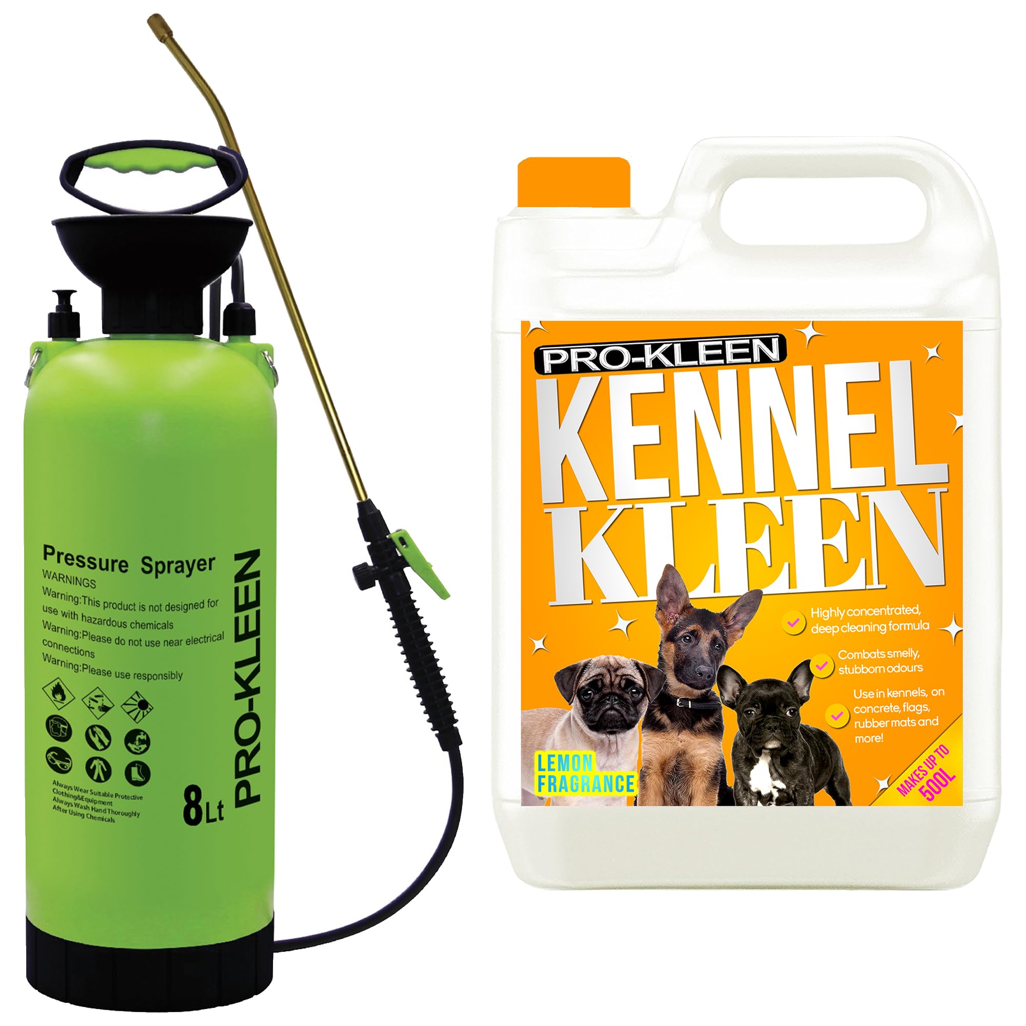 Pro-Kleen Kennel Disinfectant, Cleaner 5L With 8L Pump Pressure Sprayer, Sanitiser & Deodorise - Catteries, Hutches, Aviaries, Patios, Artificial Grass (Lemon)