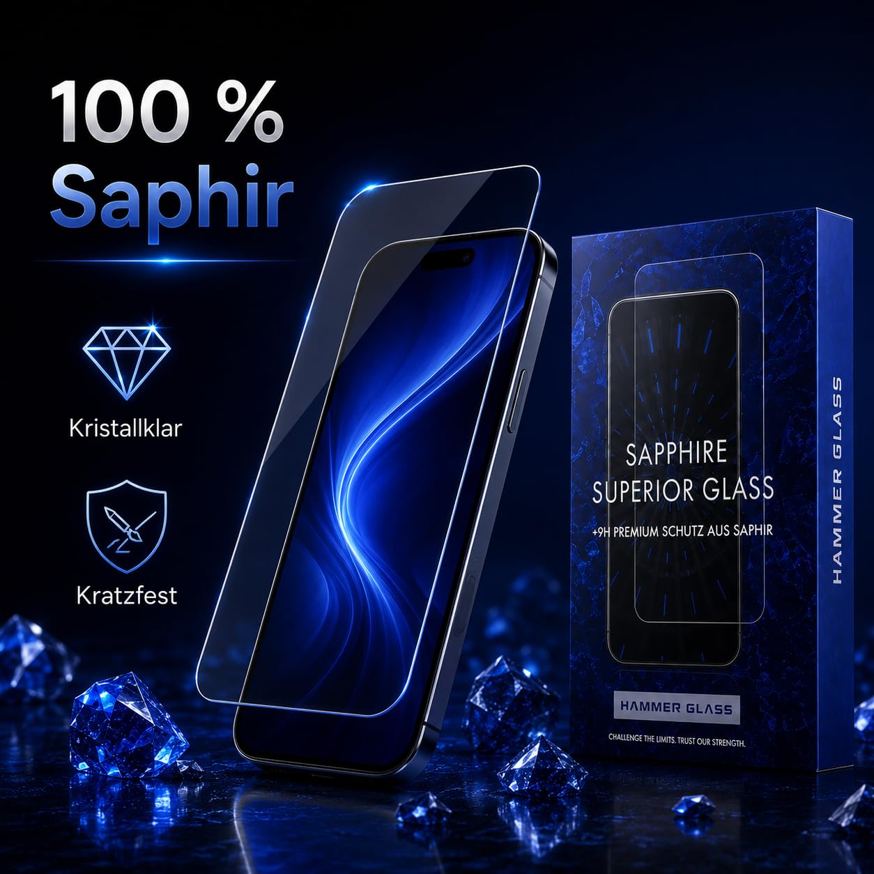 Hammer Glass 100 % cristal de zafiro para iPhone 17 Air panzer protección de cristal, más de 9H dureza 9H + cristal protector de pantalla de zafiro de 6,55 pulgadas, herramienta de instalación fácil
