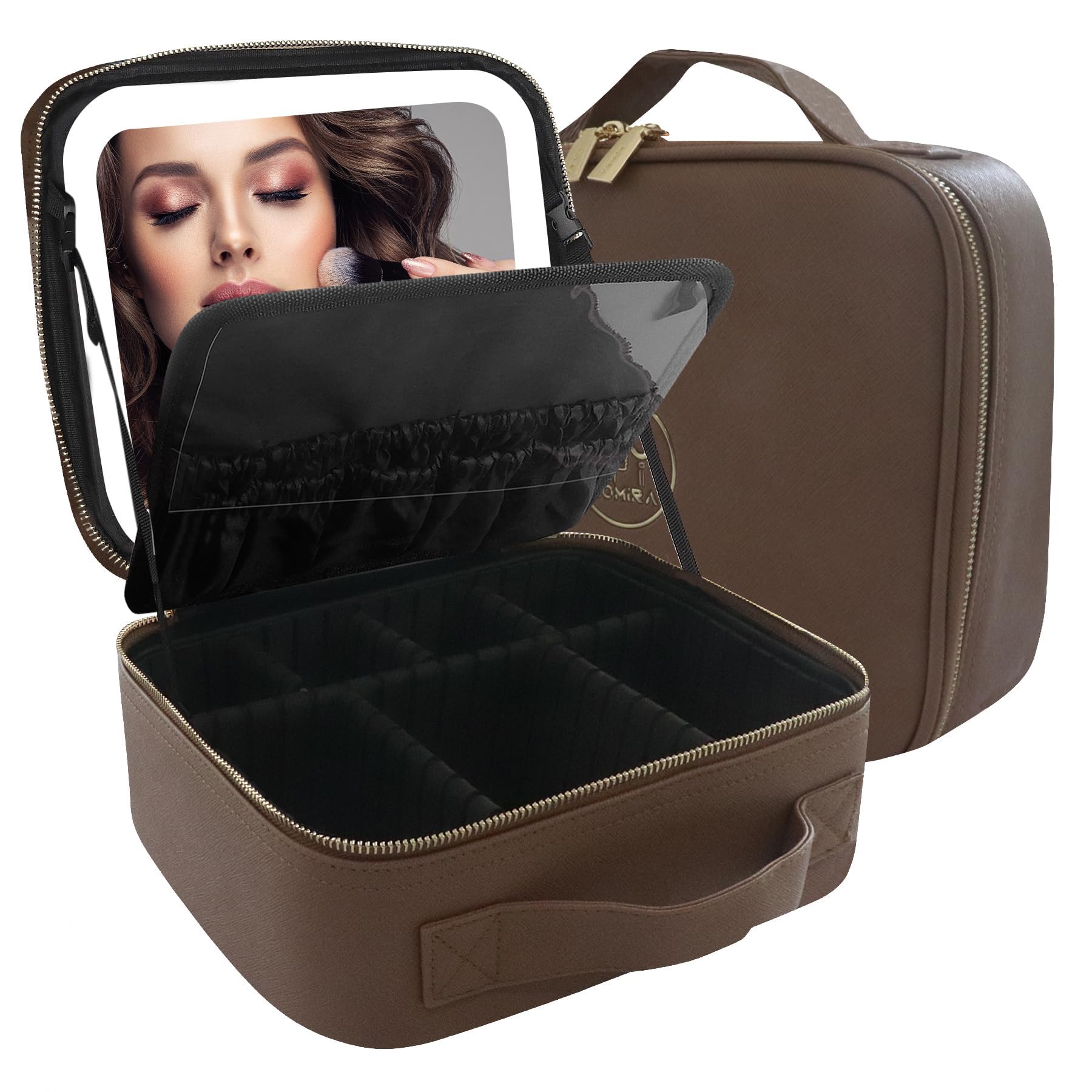 MOMIRA Makeup Bag with Mirror and Light Travel Makeup Train Case Cosmetic Bag Organizer Portable Artist Storage Bag with Adjustable Dividers Makeup Brushes Storage Organizer Brown, Brown