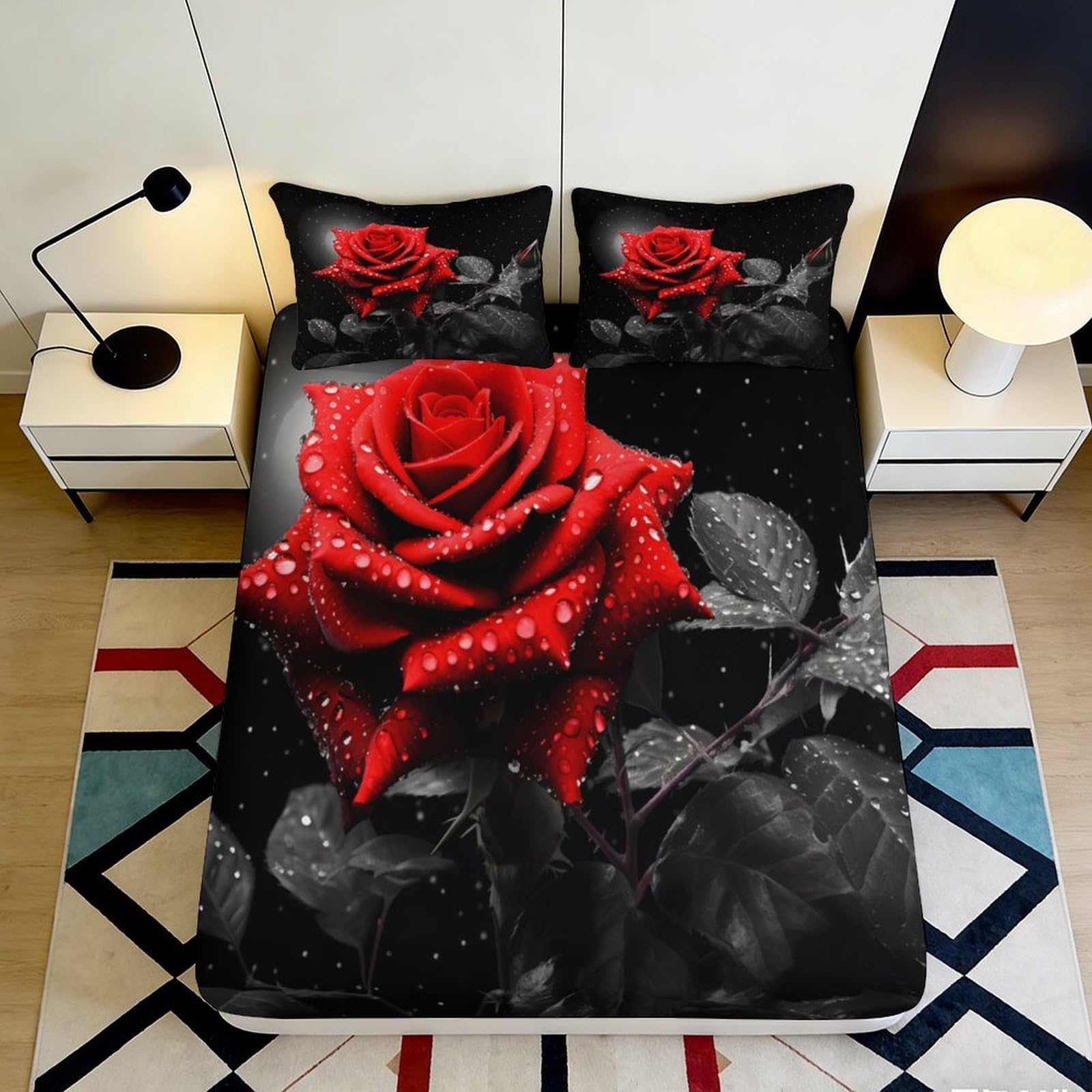 3D Printed Red Rose Fitted Sheet Microfiber Soft Water Droplets Bed Cover for Bedroom Guest Room Mattress Decor 90x200x25cm