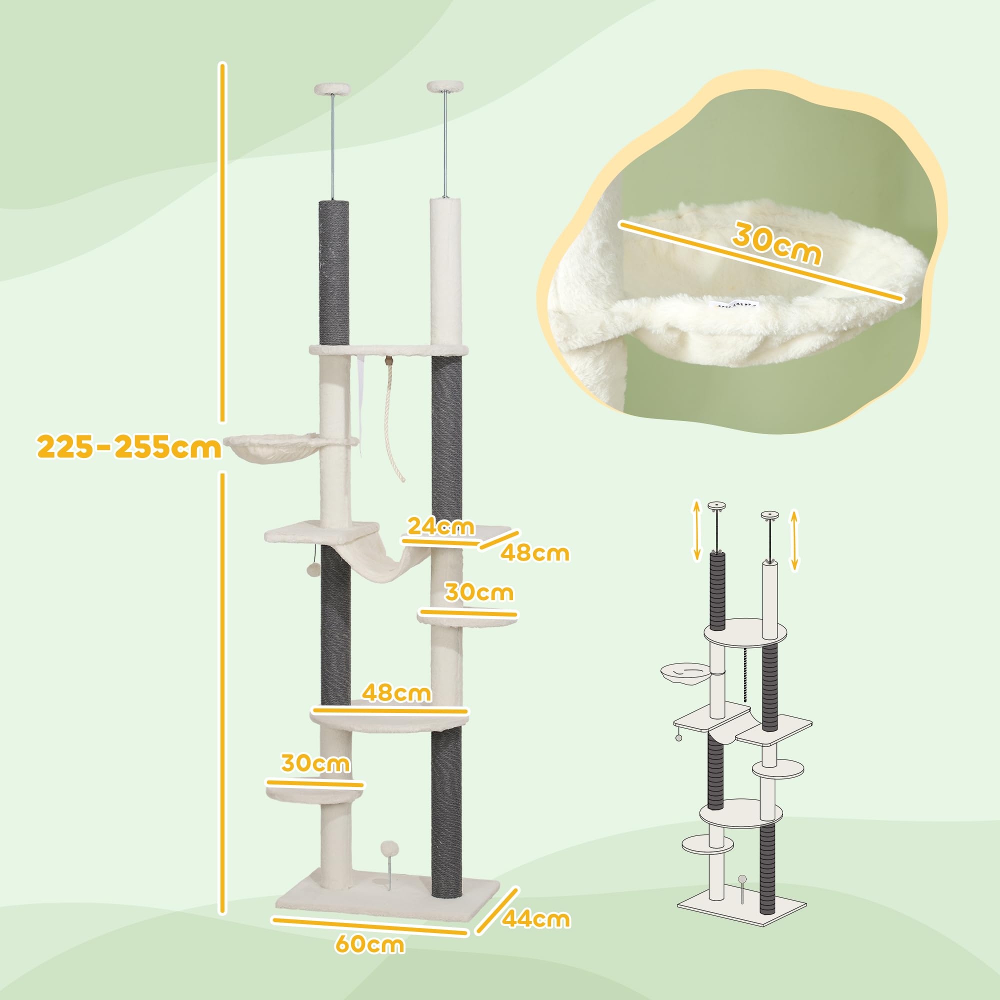 PawHut Kratzbaum Deckenhoch 225-255 cm Höhenverstellbar Katzenturm Weiß | 7 Ebenen, Korb Plattformen, Hängematte, 3 Kratzsäulen, Spielball, Katzenkratzbaum für Mittelgroße Katzen