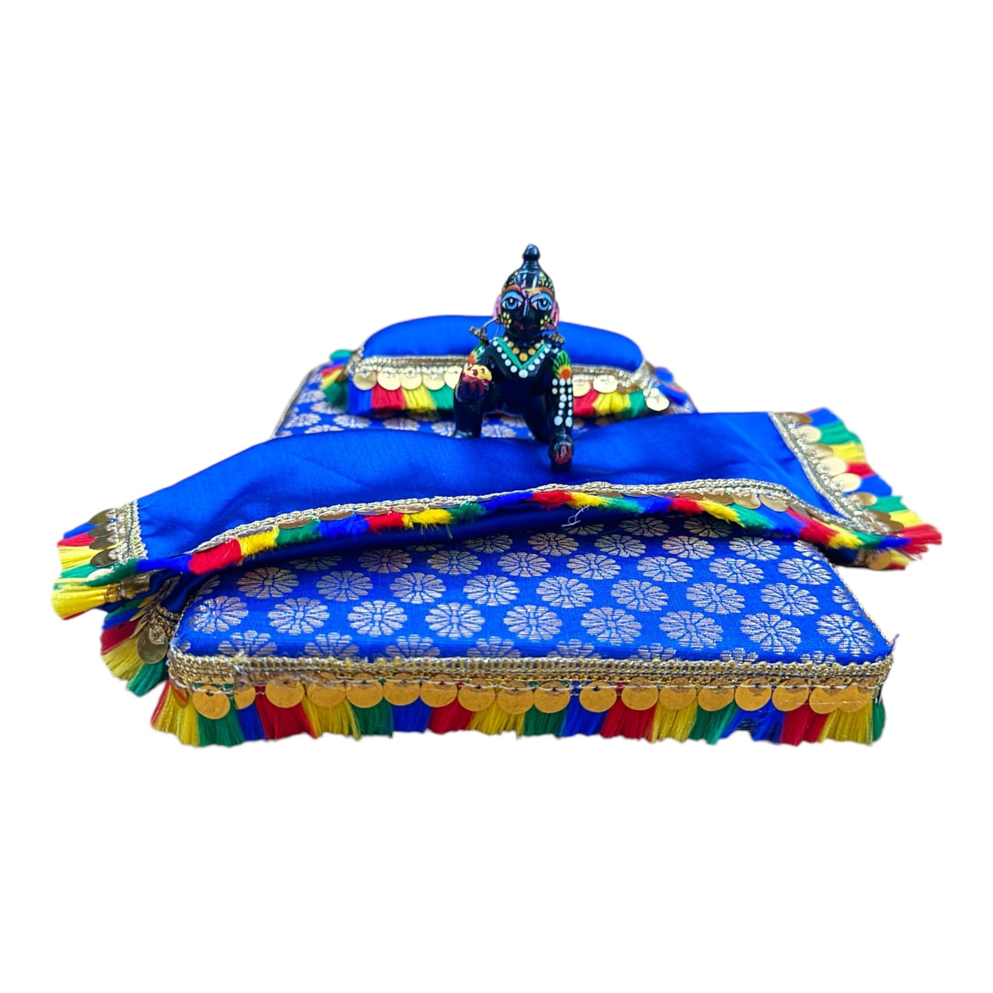 PETALUMA Super Soft Thakur Ji Bister Set with Handcrafted Gaddi Bed Aasan, Complete with Pillow and Cover Sheet. Kanha Ji Bedding Set Usable for 0-5 No Size Laddu Gopal ji Singhasan. (Admiral Blue)