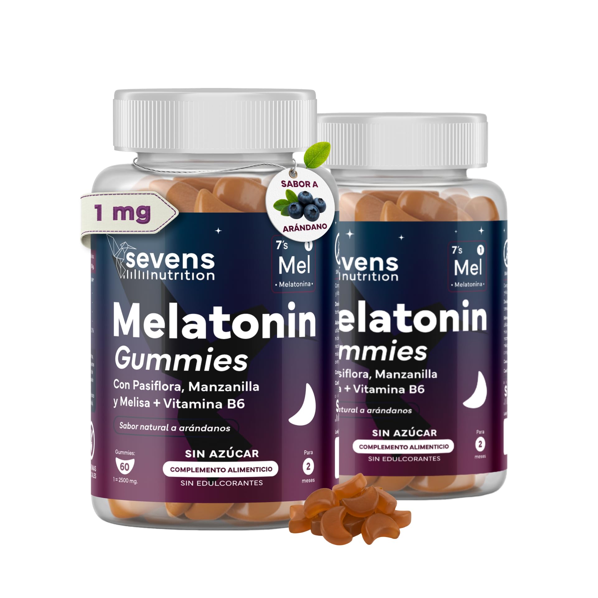 Melatonina Gominolas - Pack Ahorro x2 - Sin Azucar ni Edulcorantes - Gominolas para Dormir Bien - Pasiflora, Manzanilla, Melisa y Vitamina B6 - Sabor Natural a Arándano - Pack de 2x60 Gummies Veganas
