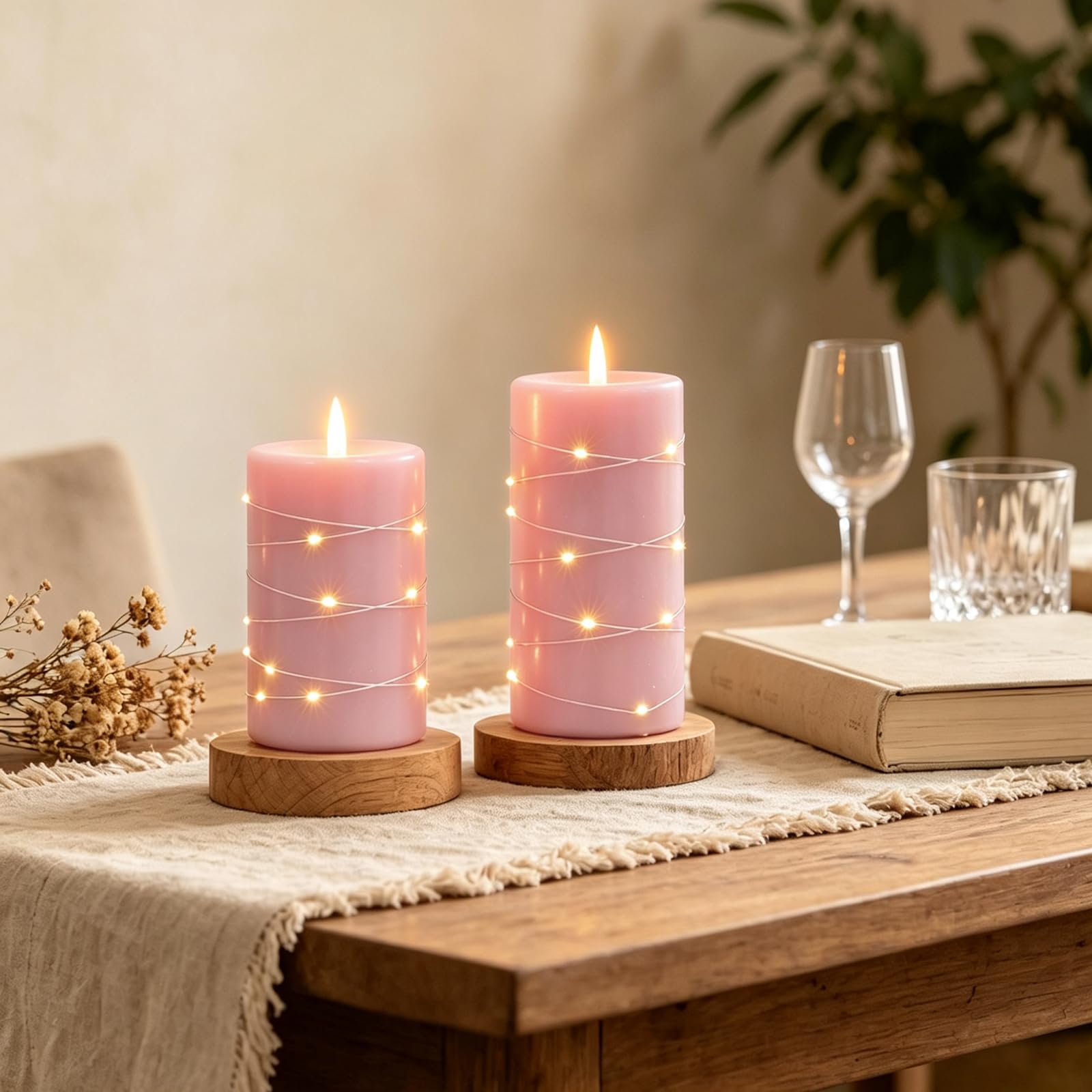 Candele LED Senza Fiamma set 3,Real Wax Pilastro Luce Candela Ricaricabili USB,con telecomando e timer Candele LED per festa, decorazione abitativa, campeggio, matrimoni (rosa)