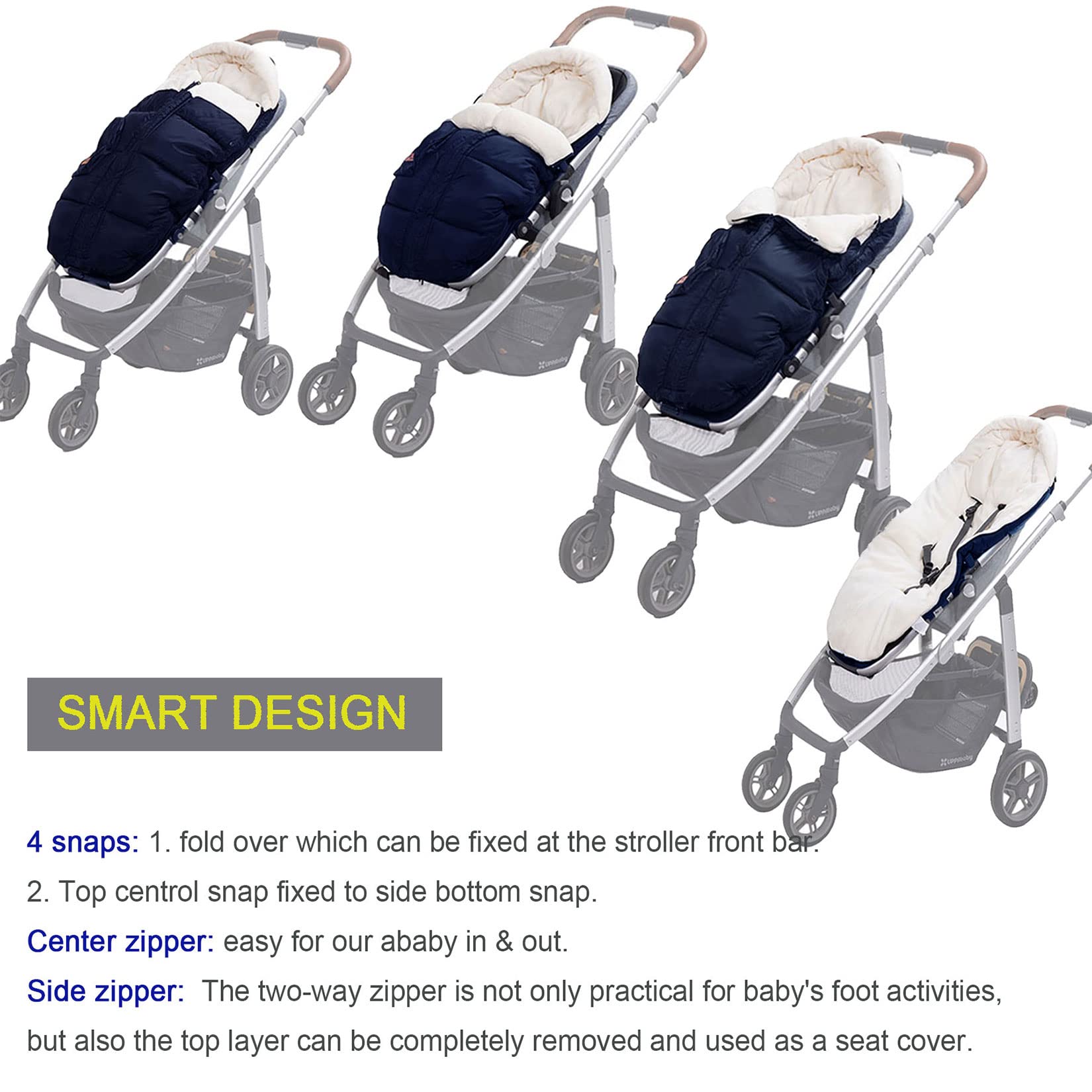 Saco universal para cochecito con cremalleras centrales laterales ajustables y botton, para cochecito con capucha suave, impermeable, cálido, para caminar al aire libre, bolsa de banderines