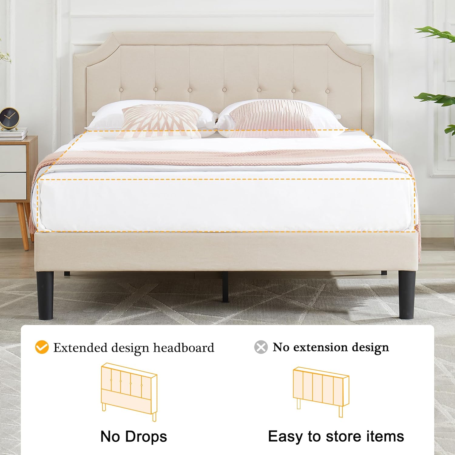 VECELO Queen Size Platform Bed Frame with Fabric Upholstered Headboard and Wooden Slats Support, No Box Spring Needed/Easy Assembly,Beige - Image 9