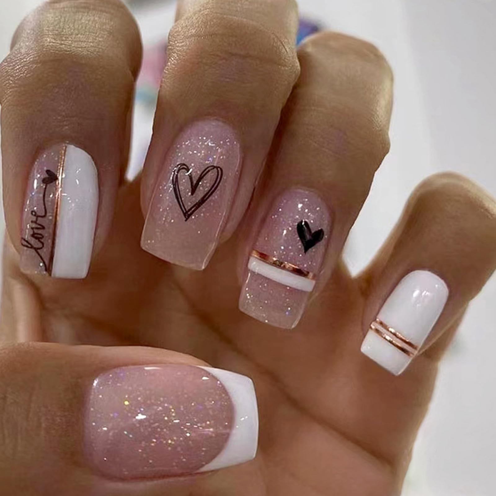 AKOFIC 24 Pcs Short Square False Nails, Glossy Press on nails French Tip with Nail Adhesive Tabs, Pink White Heart Bright Design Acrylic Fake Nails Stick on Nails for Women No Glue, Girls Nail Salon