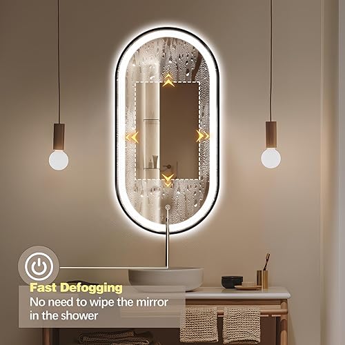 Miniatura 19 de Espejo de baño LED ovalado de 32 x 20 pulgadas con luces, espejo de tocador negro con luz antiniebla montado en la pared, espejo ovalado LED