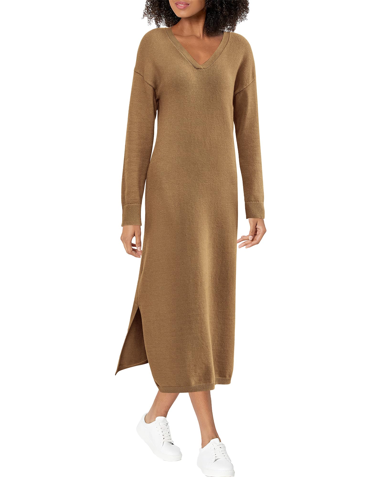 Photo 1 of BTFBM Women Fall Sweater Dress V Neck Long Sleeve Slit Maxi Dresses Casual Knit Oversized Sweaters 2023 Winter Clothes Solid Dark Khaki Small