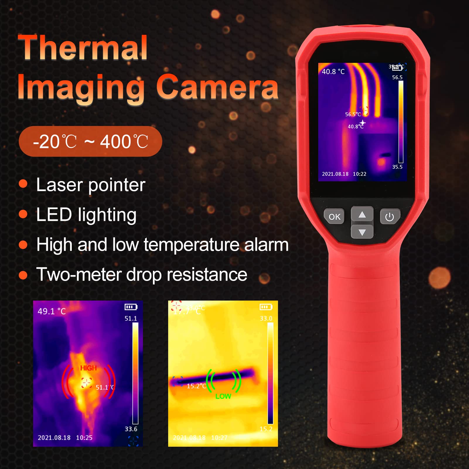 Cámara térmica Cámara termográfica LCD de 2,4" Resolución IR Pantalla a color de 1080 píxeles Cámara de imágenes -20 ℃ -400 ℃