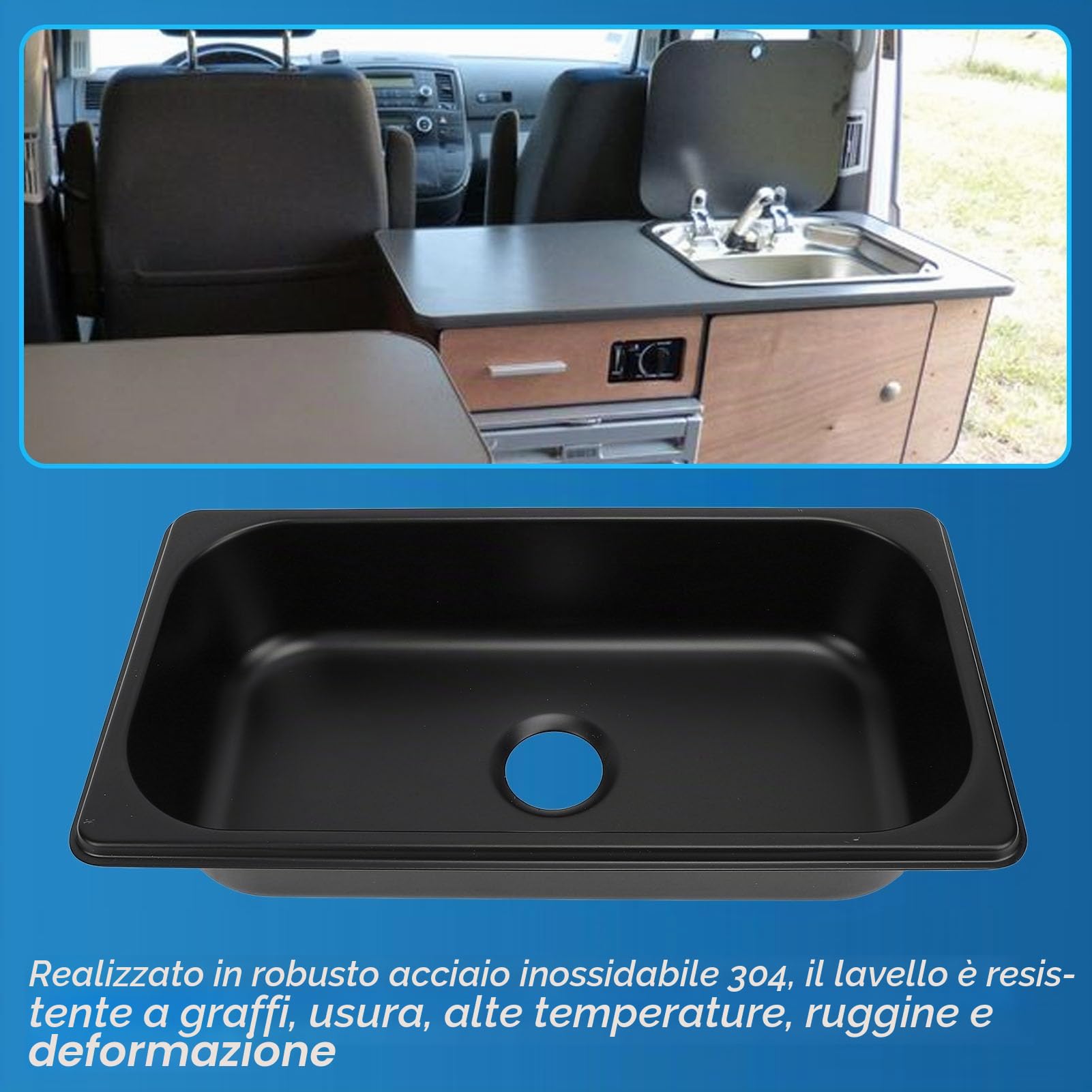 Lavandino 325X176X65Mm Acciaio Inossidabile Lavandino Incasso Lavello Sottopiano con Uscita 40 Mm per Roulotte, Barca, Incorporato Lavandino Lavaggio (Nero verniciato