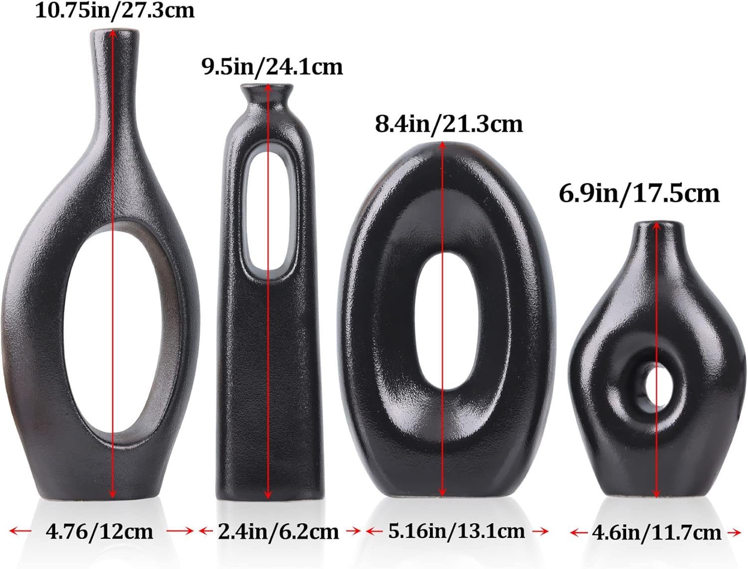 Black Ceramic Vase Set of 4 - Round Hollow Boho Vases for Pampas Grass and Flowers Decor, Modern Minimalist Small Vases for Living Room, Bedroom, Fireplace, Coffee Table Decor, and Centerpieces