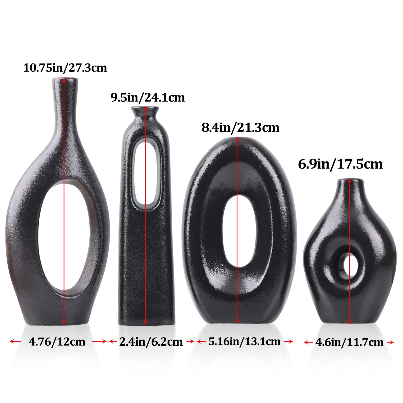 Set di 4 vasi rotondi in ceramica nera Per decorazione di erba e fiori della pampa Vasi moderni e minimalisti per soggiorno, camera da letto, camino e tavolino da caffè