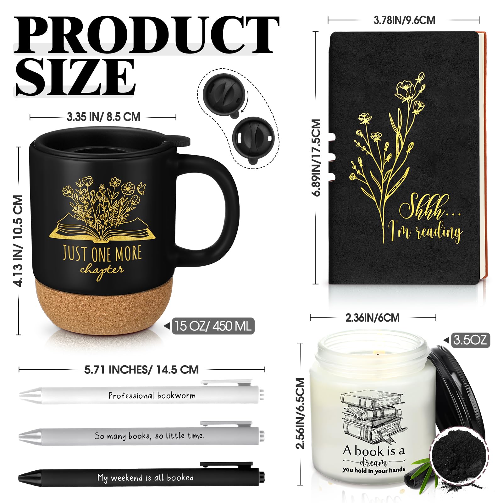 Baderke Regalos para amantes de los libros, tazas de cerámica con parte inferior de corcho, diario A6, cuaderno de velas, bolígrafos de lectura, regalos para mujeres y hombres, gusanos de libros, club