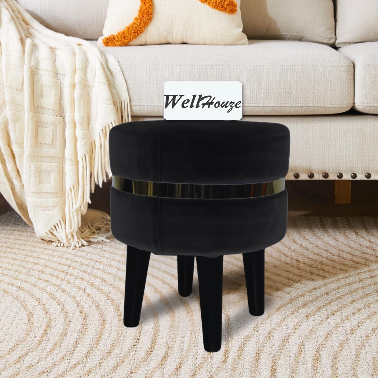 WellHouze Small Round Seating Stool Velvet Padded Seat Footstool Pouf Ottoman with Anti-Slip Wooden Legs Footrest Stepstool for Living Room Bedroom Hallway Entryway-image-47