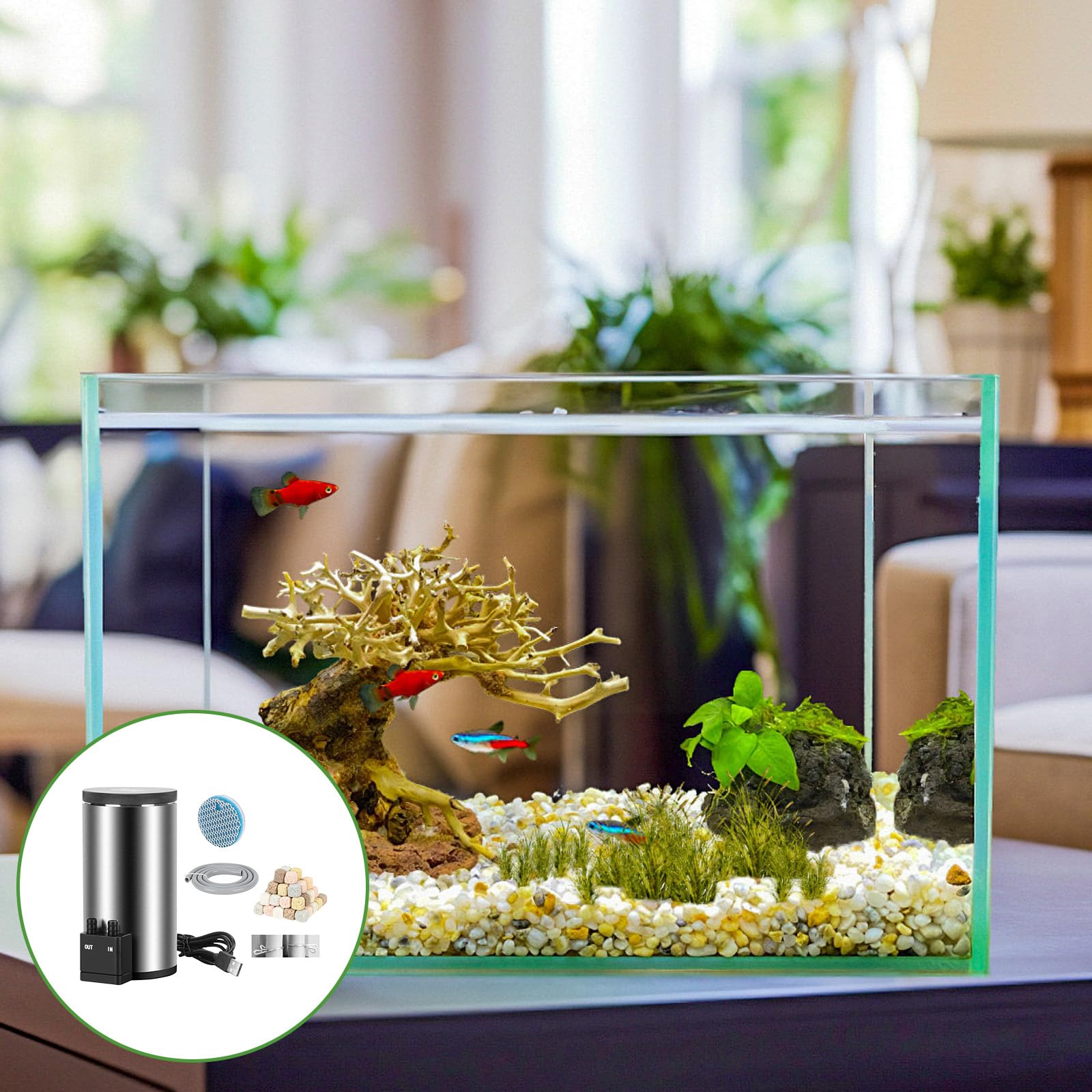 Filtro compacto de acero inoxidable con dispositivo de transporte de agua suave para acuarios de escritorio alimentados por USB de hasta 40 cm, filtro de acuario de acero inoxidable