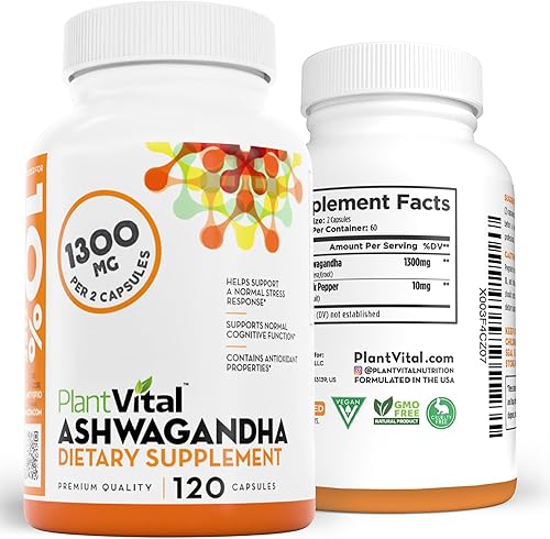 Miniatura 8 de Plantvital Cápsulas orgánicas de Ashwagandha con pimienta negra de 1300 mg  120 cápsulas veganas para una respuesta normal al estrés, sueño normal y