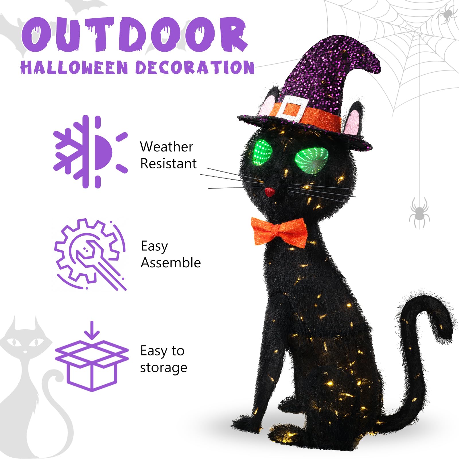 Dekoracja Halloween czarny kot 1 m animowane lustro nieskończoności Halloween kot z kapeluszem czarownicy oświetlony czarny kot z 125 diodami LED na zewnątrz