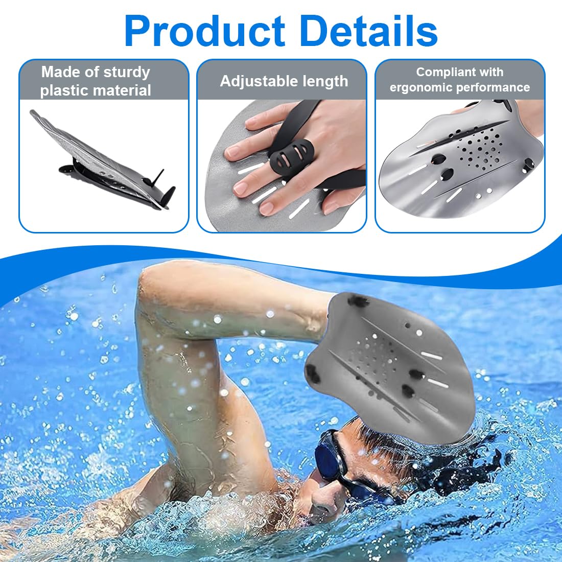 1 Coppia di Mano Paddles Nuoto, Pagaia Regolabile per Nuoto, con Cinghie Regolabili, Accessori per l'Allenamento per Adulti Unisex
