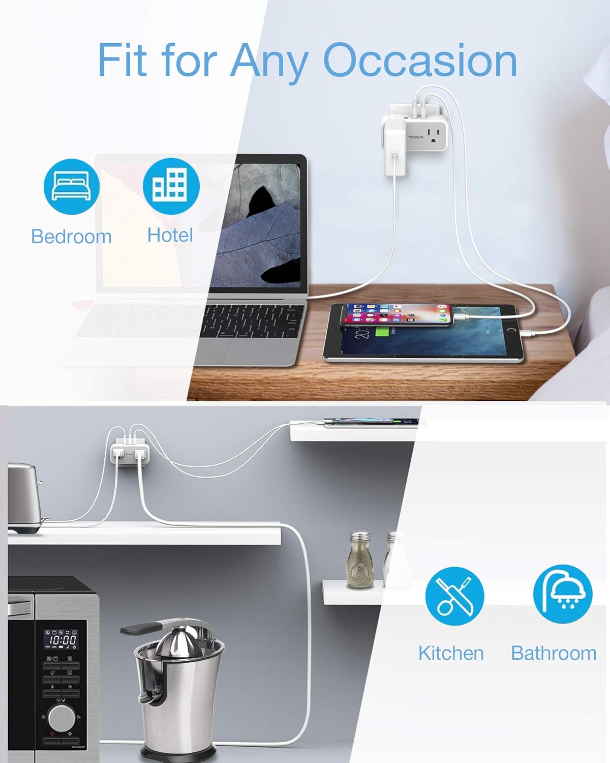 Multi Plug Outlet Extender with USB, TESSAN Double Electrical Outlet Splitter with 3 USB Wall Charger, Mini Multiple Expander for Travel, Home, Office, Dorm : Tools & Home Improvement