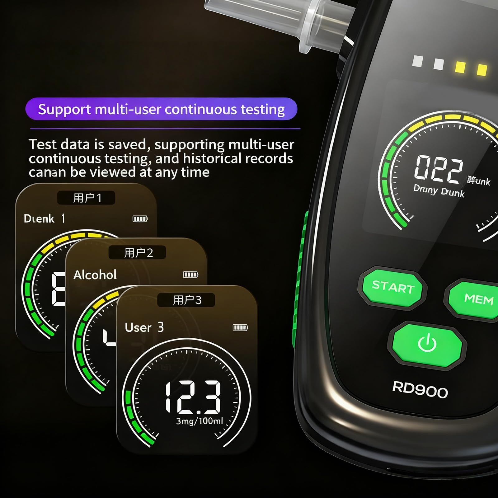 Tester professionale con schermo LCD, segnale acustico e luce, misuratore ricaricabile a risposta rapida Tester per alcoli respiratori Etilometro tascabile