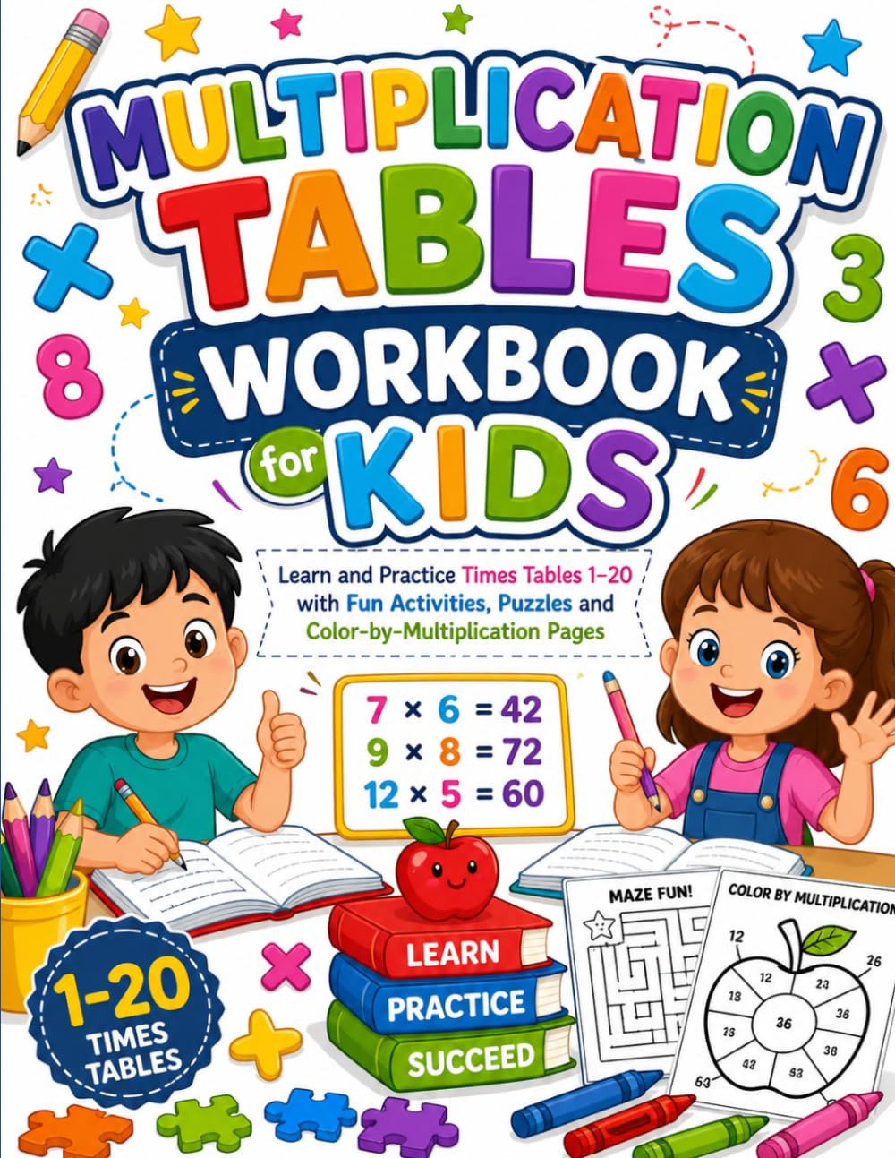 Multiplication Tables Workbook for Kids: Learn and Practice Times Tables 1–20 with Fun Activities, Puzzles and Color-by-Multiplication Pages