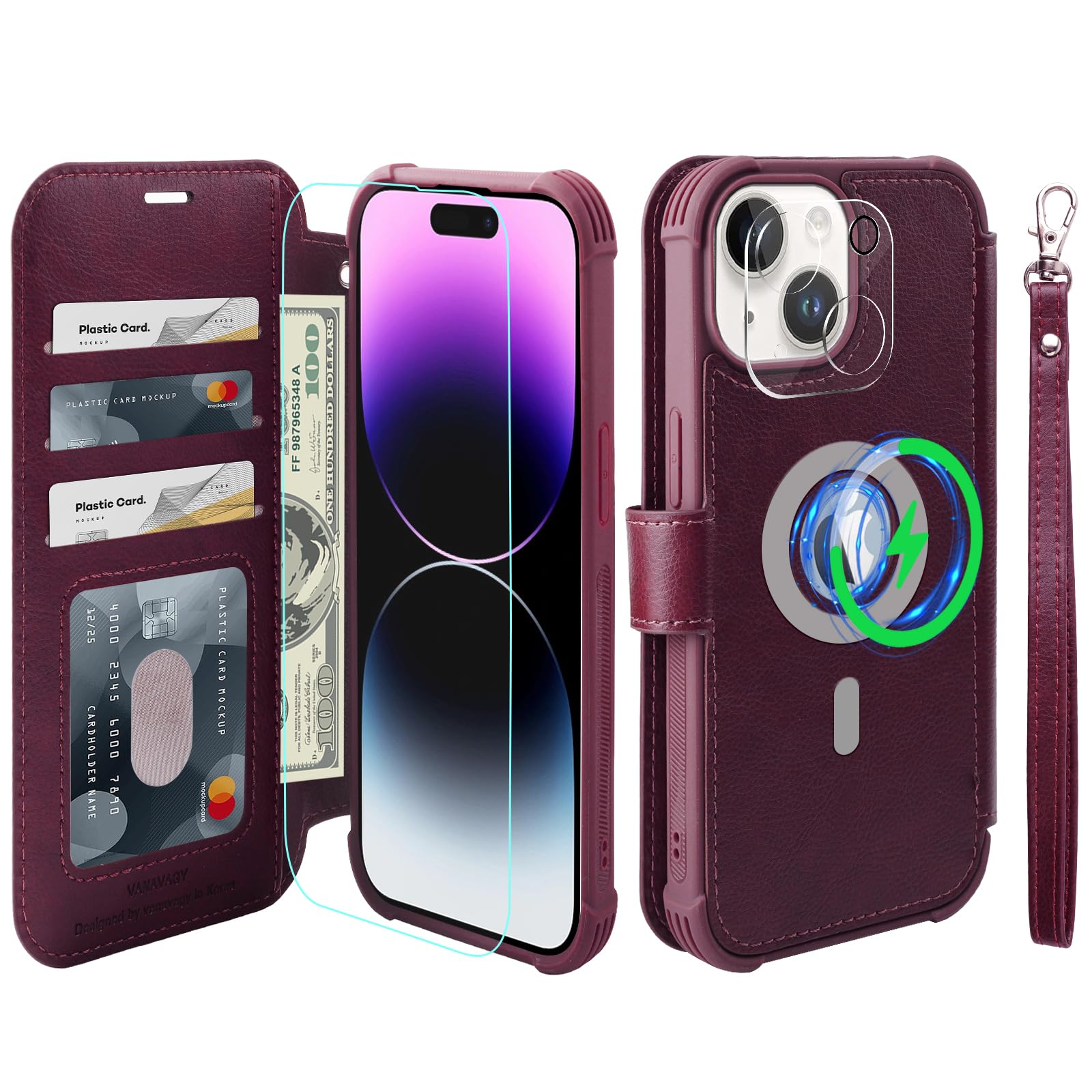 VANAVAGY Compatible for iPhone 15 Wallet Case for Magsafe Wireless Charging,Leather Flip Folio Wrist [Glass Screen Protectors & Camera Lens Protectors] with RFID Block Card Holder,Burgundy