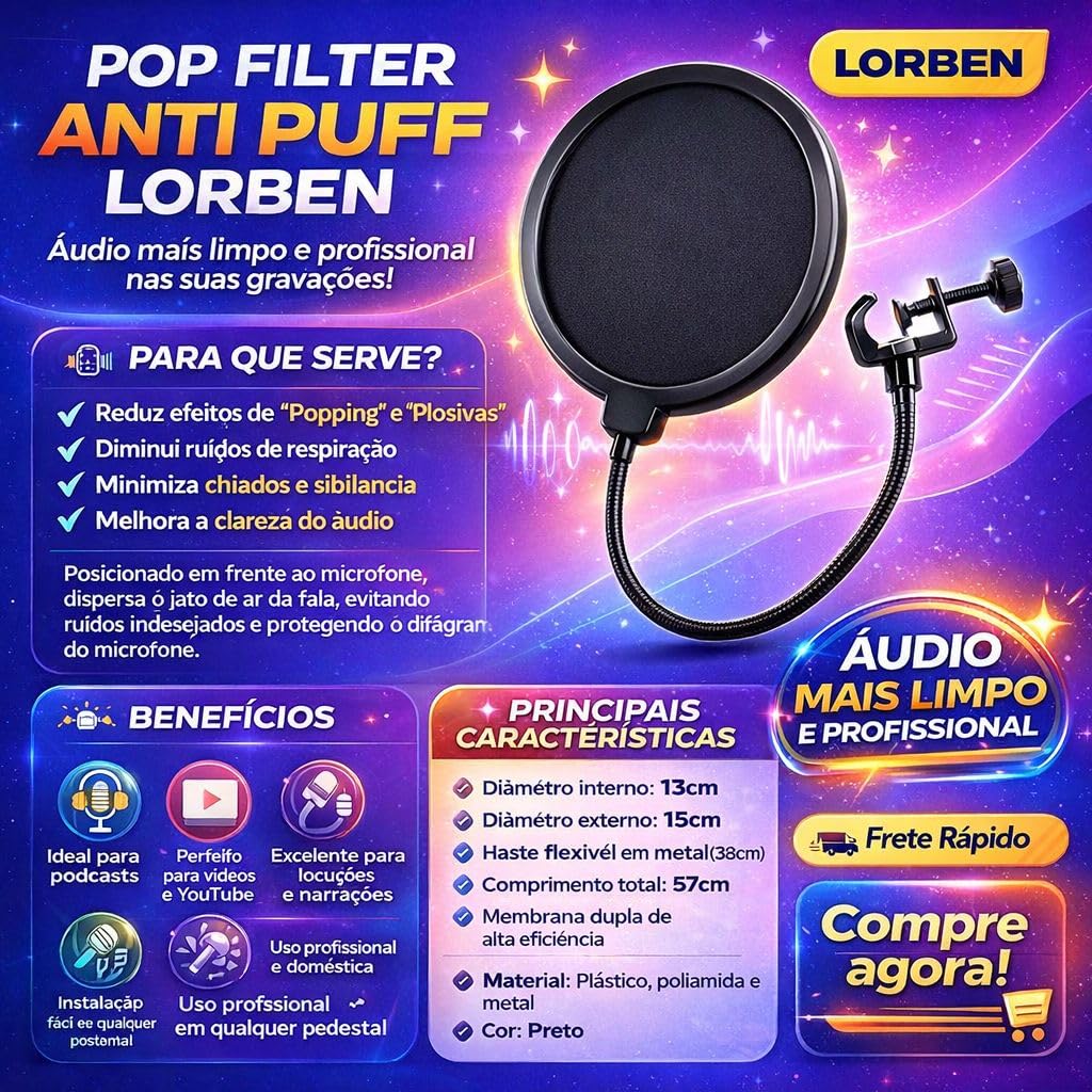 Pop Filter anti puff para Microfone condensador GT649 - Lorben