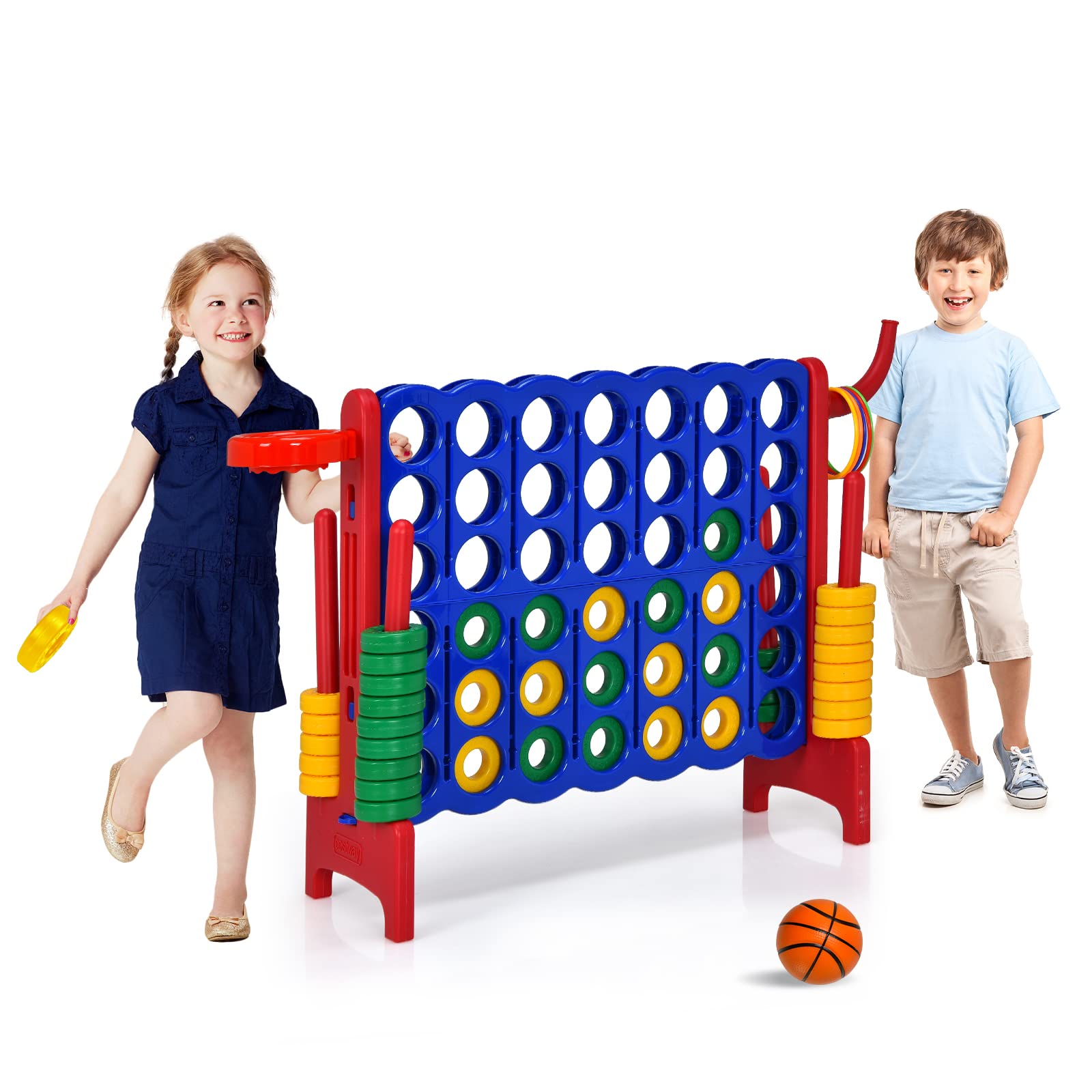 Maxmass Giant 4 in A Row, Four Connect Board Game Set with PU Basketball, 42 Jumbo Rings & Quick-Release Slider, Jumbo 4-to-Score Games for Indoor Outdoor