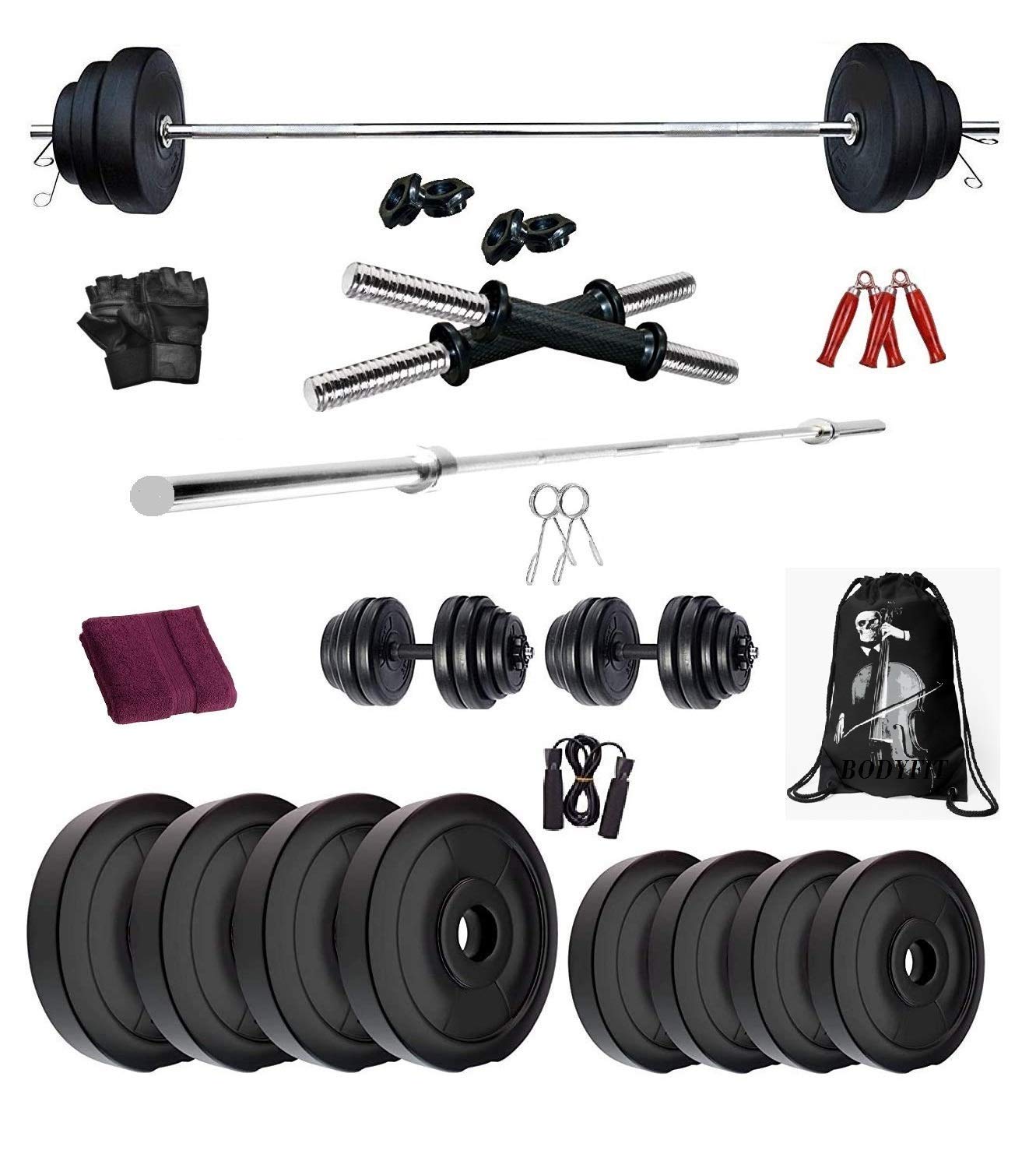 Bodyfit Home Gym Combo, Home Gym Set, Gym Equipment,Weight Plates Combo with 3Ft Straight Bar Dumbbell Rods, Gym Bag and Accessories (10)-picture-27
