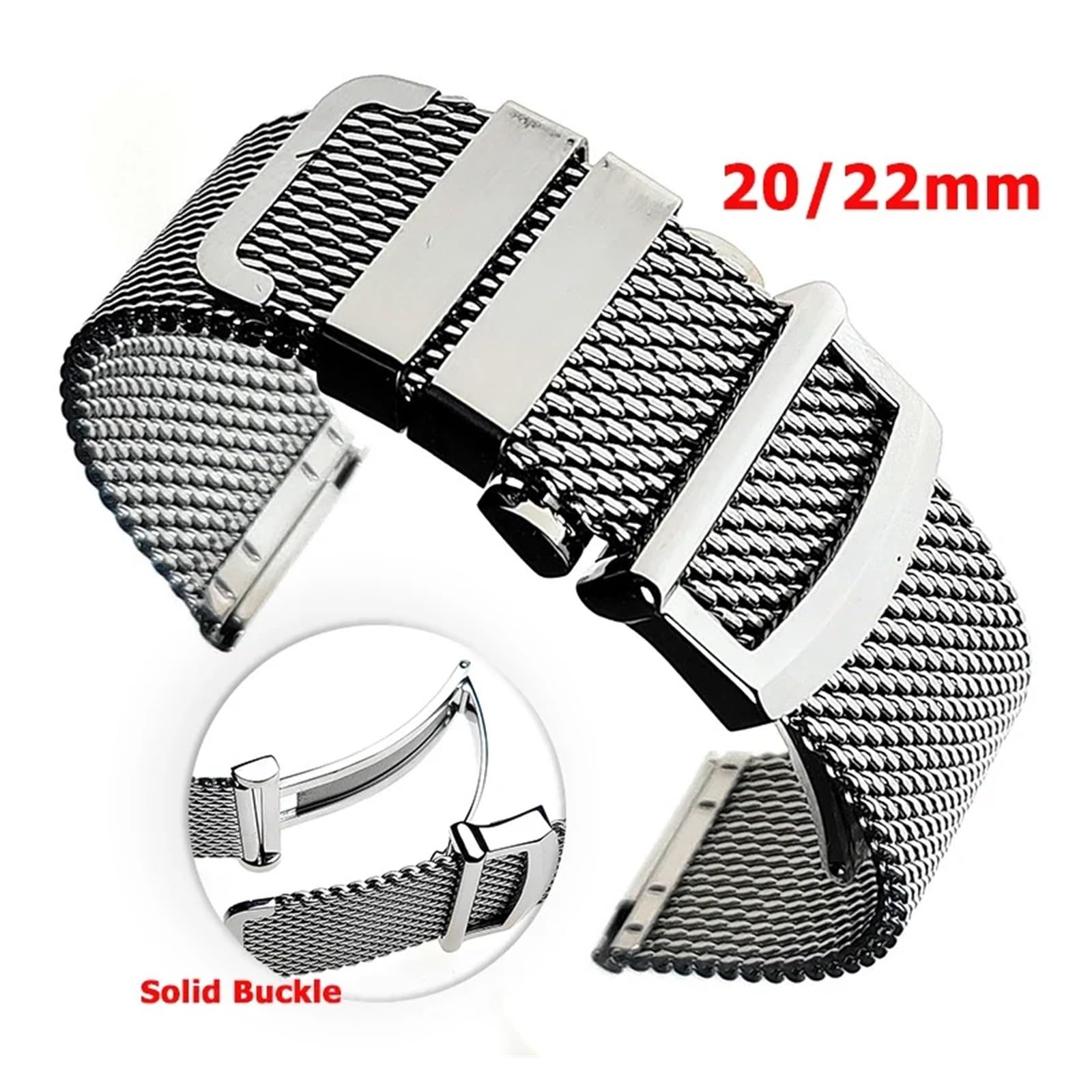 Correa de reloj de malla milanesa de liberación rápida de 20 mm y 22 mm, hebilla plegable para hombres y mujeres