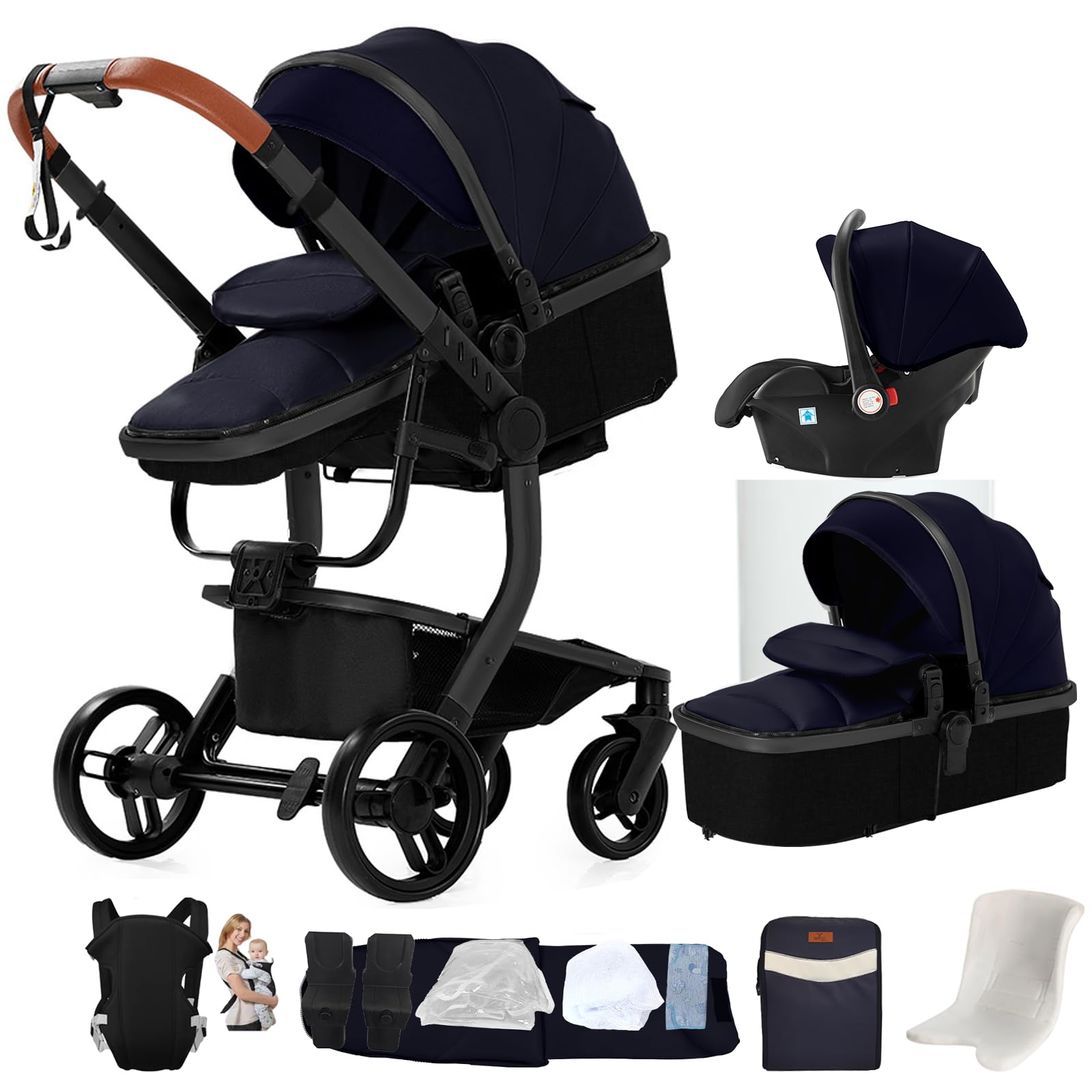 Passeggino combinato 3 in 1, bidirezionale con navicella, regolabile 105-180°, pieghevole semplice, 4 ruote (X518-HG-Blue)