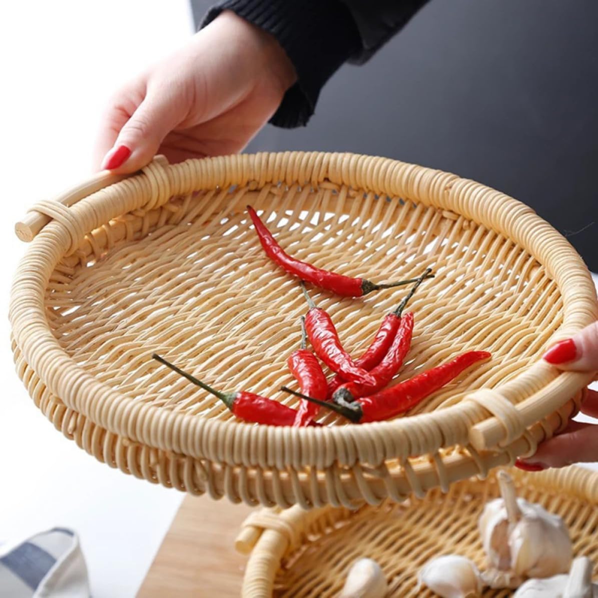 Hand Woven Rattan Tray Container Bread Basket for Snacks and Fruit