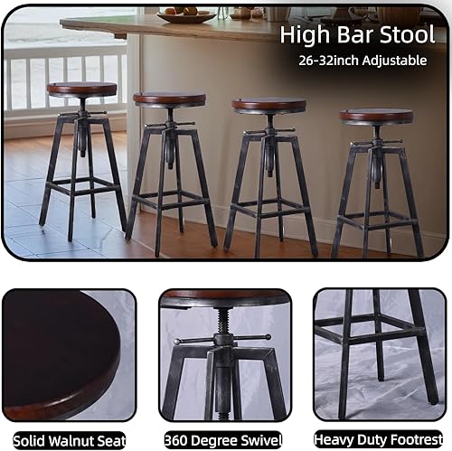 Miniatura 10 de Juego de 2 taburetes de bar vintage de 25.6 a 31.5 pulgadas de altura ajustable, taburete de comedor giratorio de madera, asiento de cocina, isla de