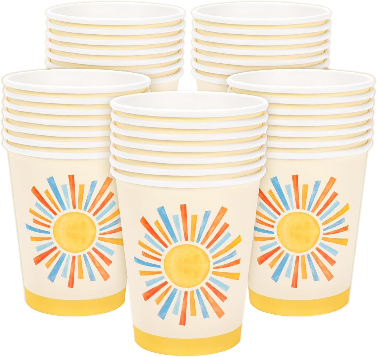 Whaline 100 Pcs Boho Sun Paper Cups Watercolor Blue Yellow Sunshine Disposable Cups for Hot Cold Drinks Birthday Baby Shower Here Comes the Son Party Table Supplies, 9oz
