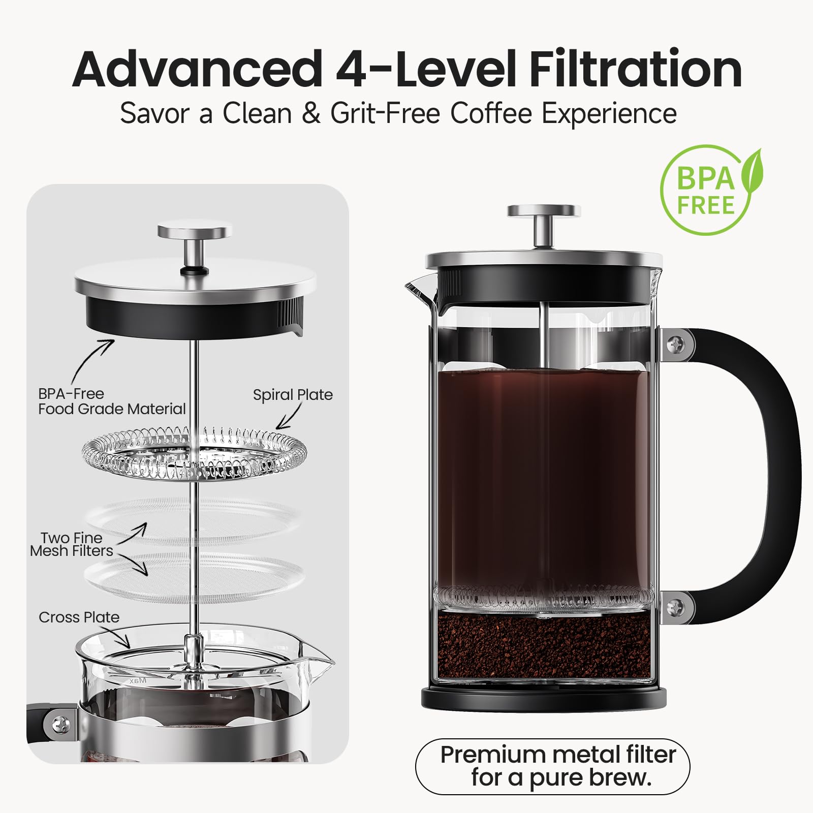 BAYKA French Press Coffee Maker 34 Ounce 1 Liter, Borosilicate Glass Stainless Steel Brewer, Large Portable Cold Brew Cafetera Teapot for Kitchen Travel Camping Coffee Bar Accessories, Dark Pewter: Silver 34 oz