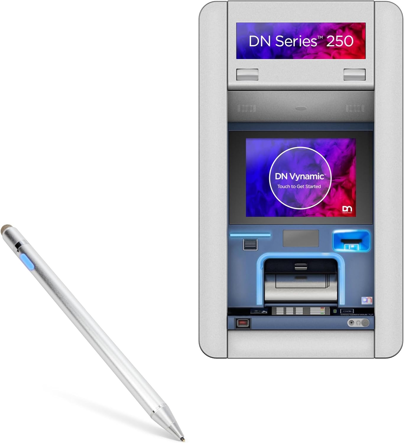 BoxWave AccuPoint Active Stylus next to a Diebold Nixdorf terminal