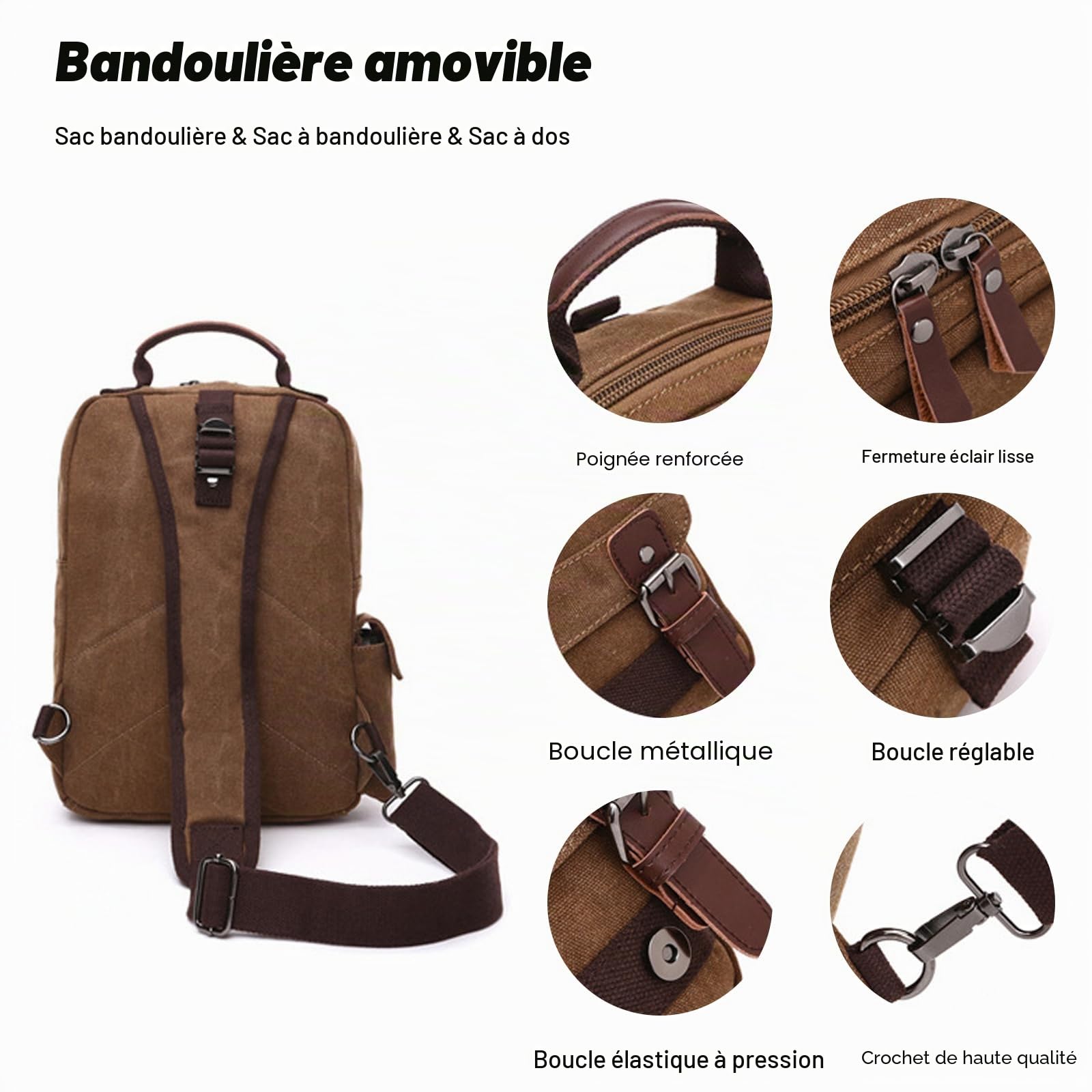 FANDARE Retro Sac de Poitrine Homme Petit Sac À Dos Femme Sling Bag Toile Sac d'Epaule Sacoche Sac Bandoulière pour Affaires Université École Cyclisme Camping Voyage Cartable Noir A