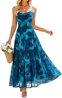 Women's Summer Floral Sleeveless Maxi Dress 2026 Boho Mesh Spaghetti Strap Flowy Beach Wedding Guest Long Dresses