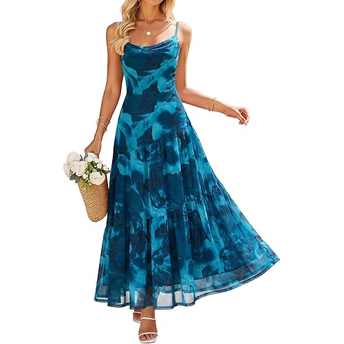 ZESICA Women's Summer Floral Sleeveless Maxi Dress 2026 Boho Mesh Spaghetti Strap Flowy Beach Wedding Guest Long Dresses