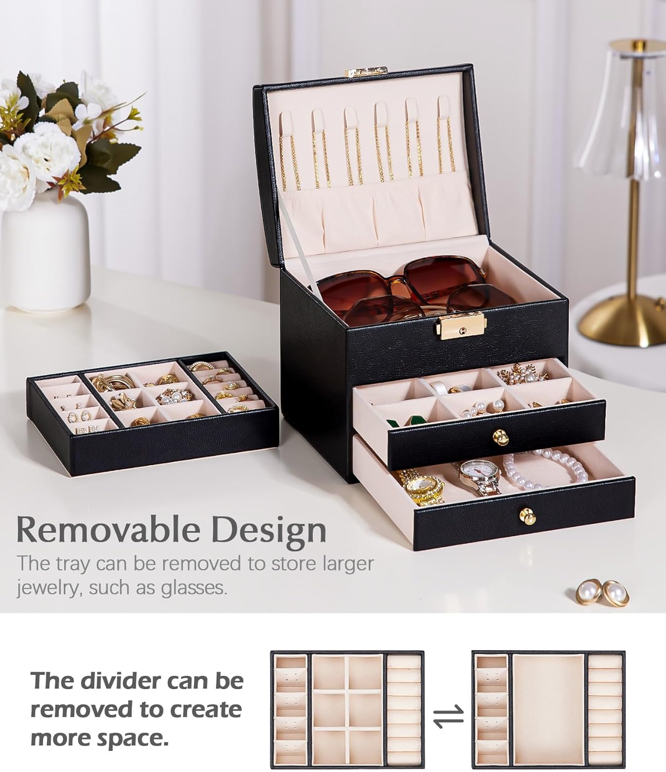 Homde Girls Jewelry Box with Lock: 3 Layer Organizer with Removable Tray - Small Storage for Ring Necklace Earring - Birthday & Return Gifts for Young Women (Graphite Black)