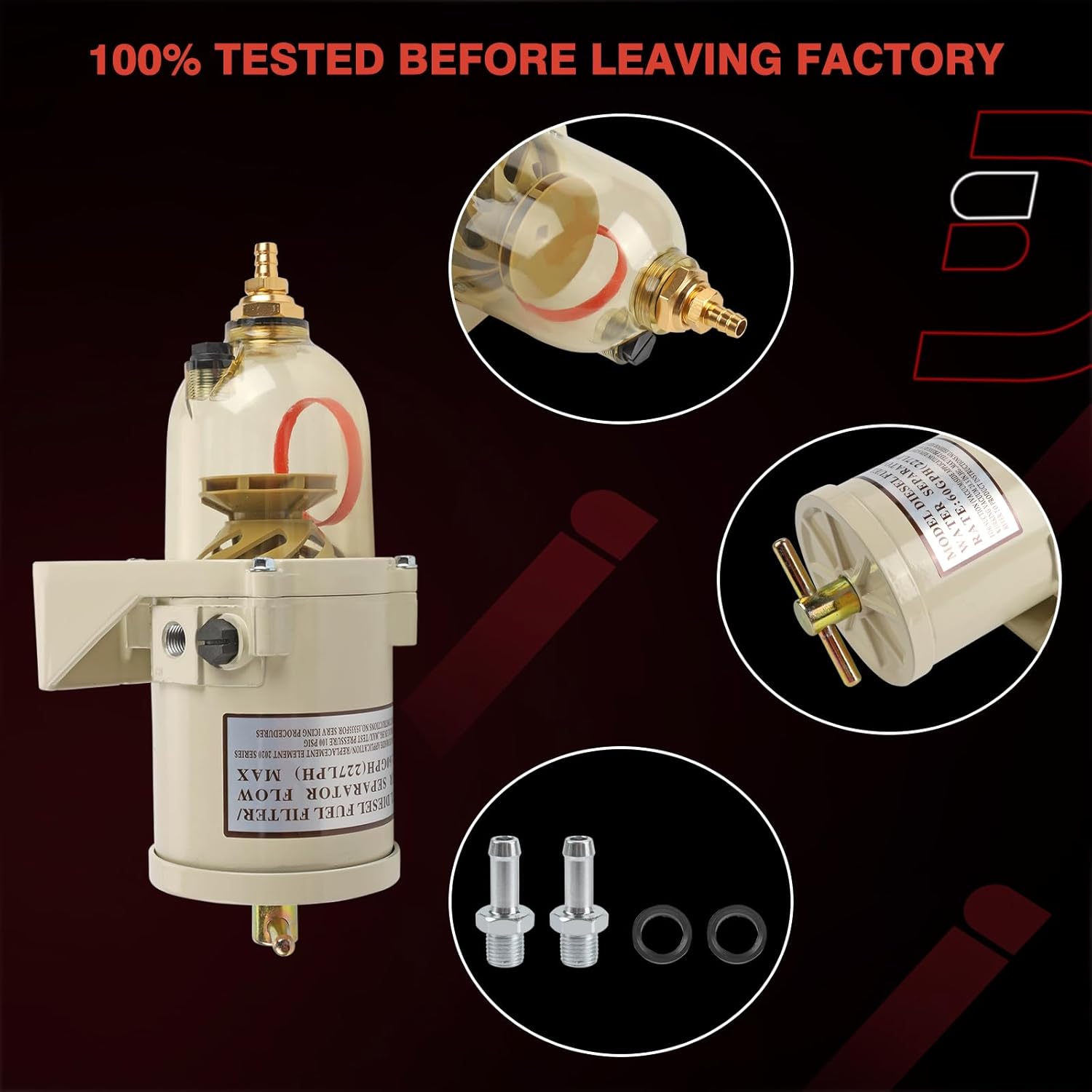 Diesel Fuel Filter Oil Water Separator With Bolt Turbine Marine Boat Superior 60 GPH, 30 Micron, Racor Fuel Water Separator Replace# 500FG 500FH