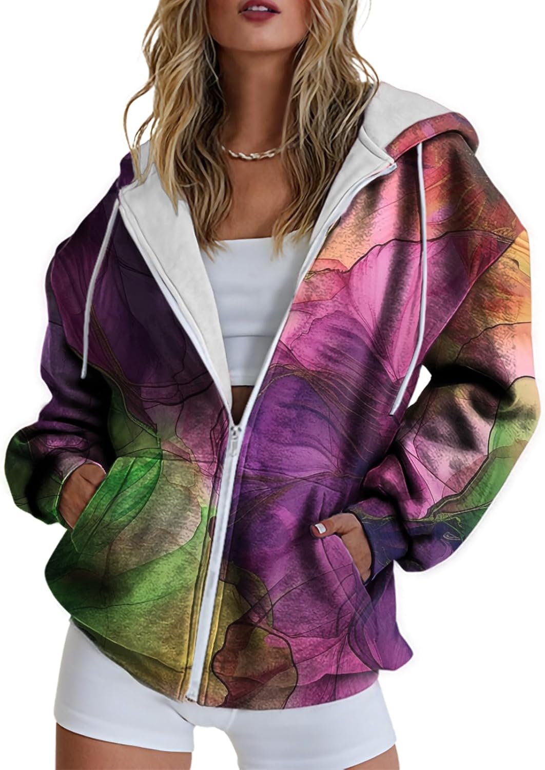 Hoodies for Women Print Oversized Full Zip Hoodie with Pockets Retro Graphic Women's Sweatshirt Long Sleeve Trendy