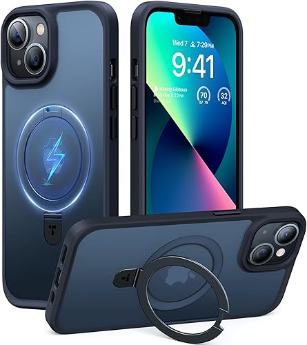 TORRAS Funda magnética UPRO Ostand para iPhone 14iPhone 13 de 6.1 pulgadas, compatible con MagSafe parte trasera dura mate con borde de silicona