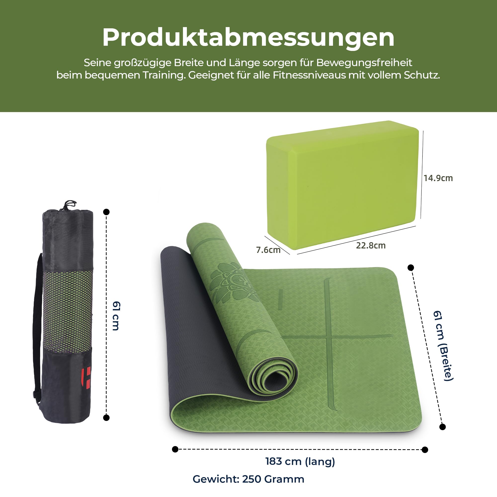 Habib Gruppe Set di 2 tappetini da yoga con bastoncini da yoga – Tappetino antiscivolo imbottito per fitness con cintura da yoga e borsa – Set di 2 blocchi da yoga per pilates, meditazione,