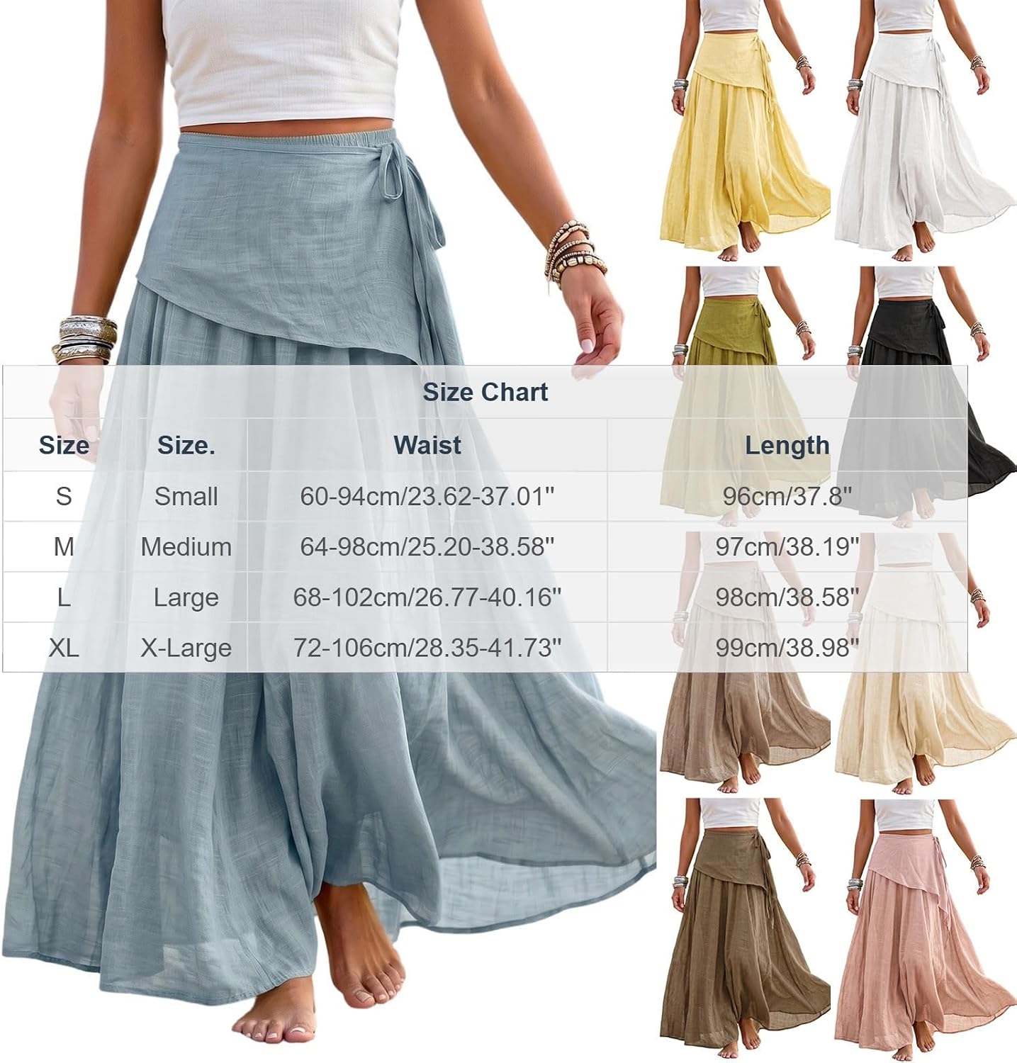 Linen Wrap Maxi Skirt High Waisted Flowy Casual Long Skirts