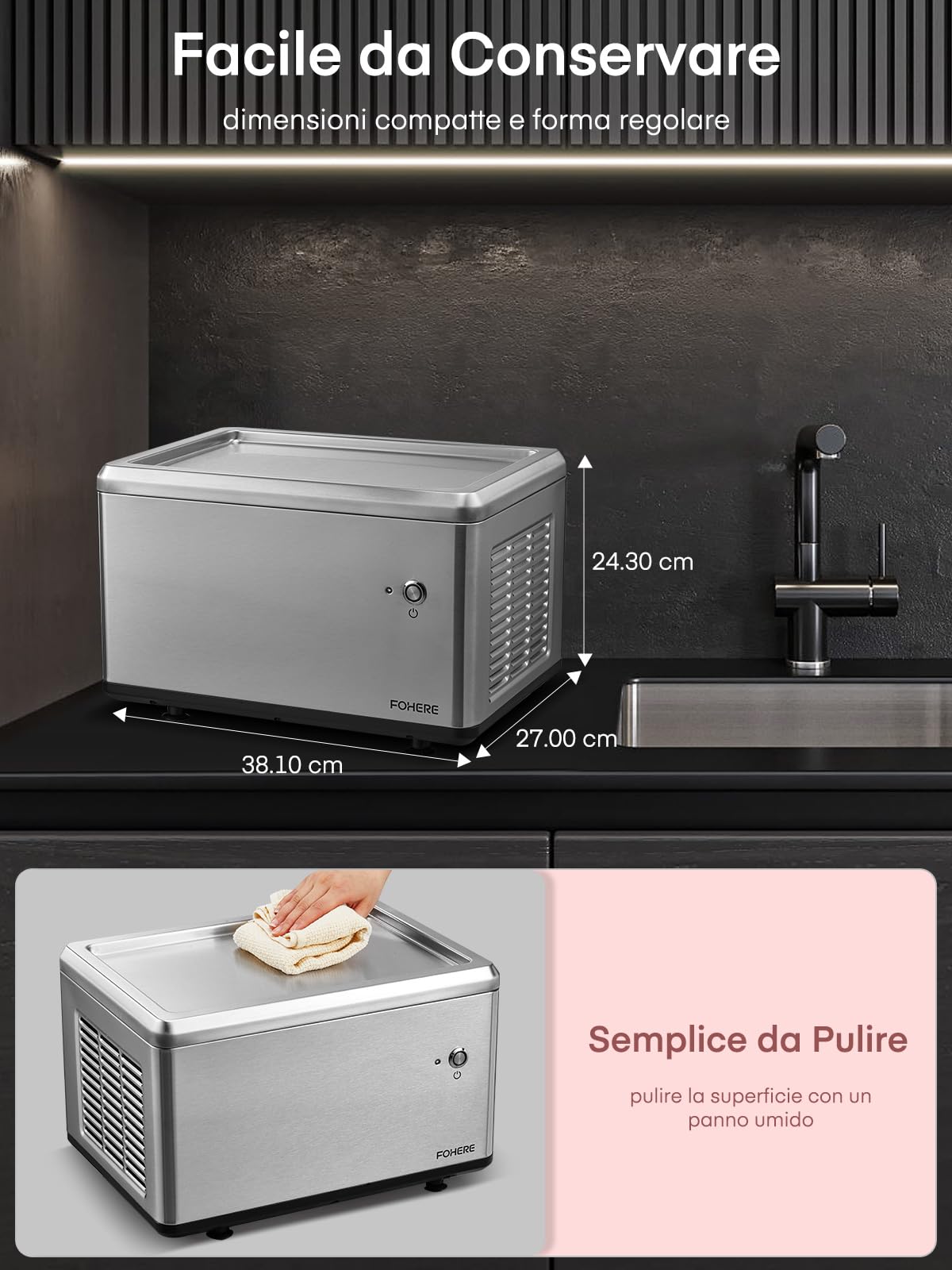 Gelatiera a rullo per la casa con compressore, gelato morbido in soli 3 minuti, funzionamento one-touch, diversi cambiamenti di varietà, sano gelato fatto in casa, ricetta, 2 spatole, Fohere