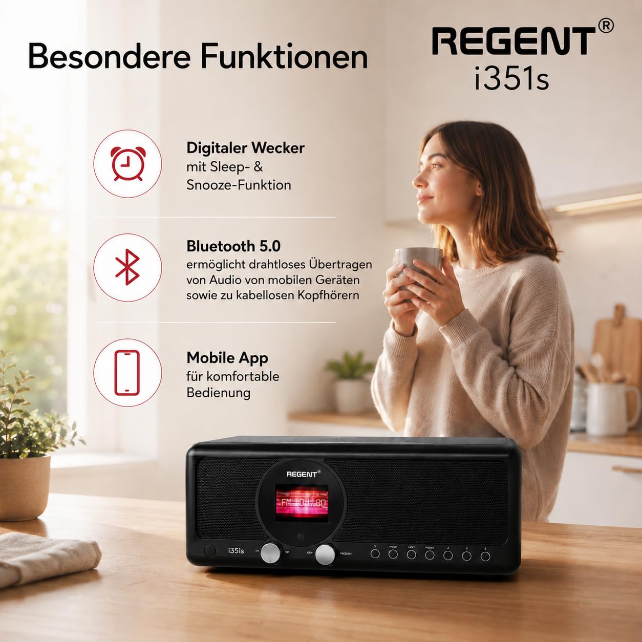 Ferguson Regent i351S – Internetradio WLAN, DAB+ Radio mit Bluetooth, Spotify Connect, Farbdisplay, Dual Alarm, Fernbedienungs-App, einzigartige Bluetooth-Sender Two Way BT (Schwarz)
